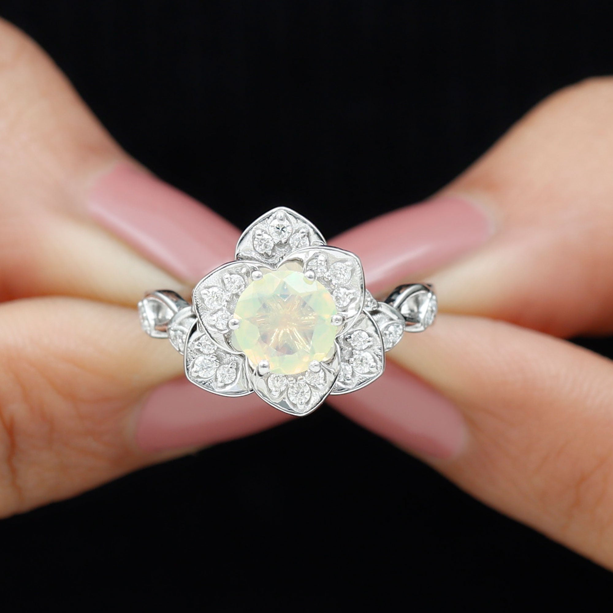 Ethiopian Opal Flower Engagement Ring with Diamond Accent Ethiopian Opal - ( AAA ) - Quality - Rosec Jewels