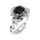 2 CT Created Black Diamond Floral Engagement Ring with Diamond Accent Lab Created Black Diamond - ( AAAA ) - Quality - Rosec Jewels