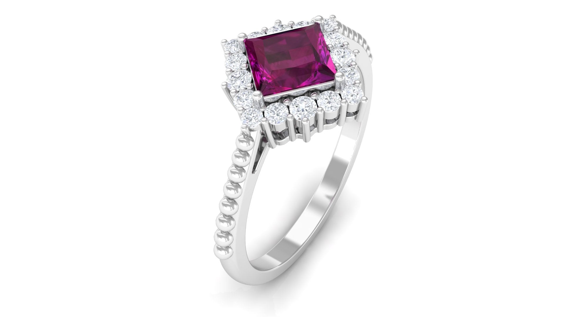 Princess Cut Rhodolite and Moissanite Halo Ring with Beaded Gold Rhodolite - ( AAA ) - Quality - Rosec Jewels