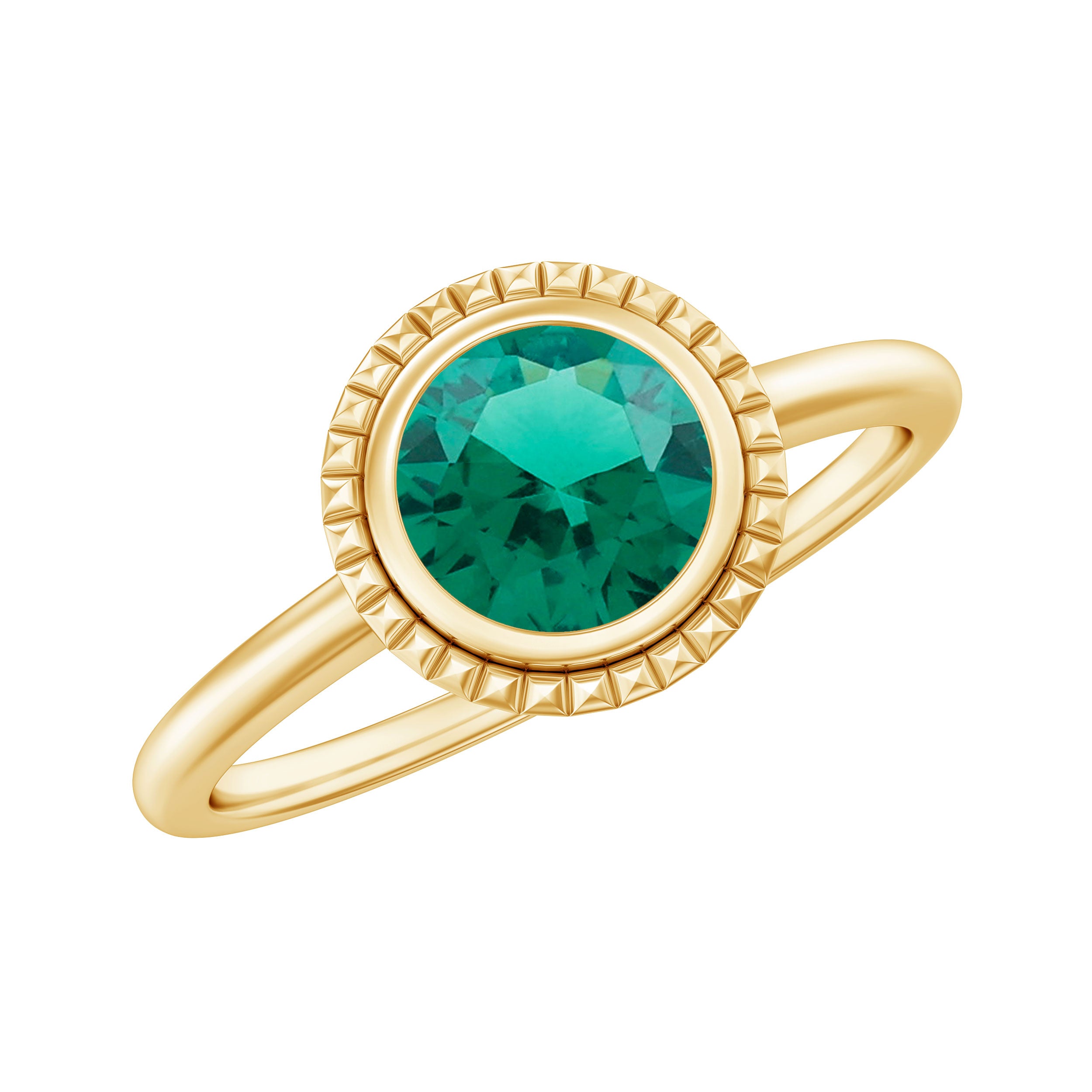 Round Lab-Created Emerald Solitaire Gold Ring in Bezel Setting Lab Created Emerald - ( AAAA ) - Quality - Rosec Jewels