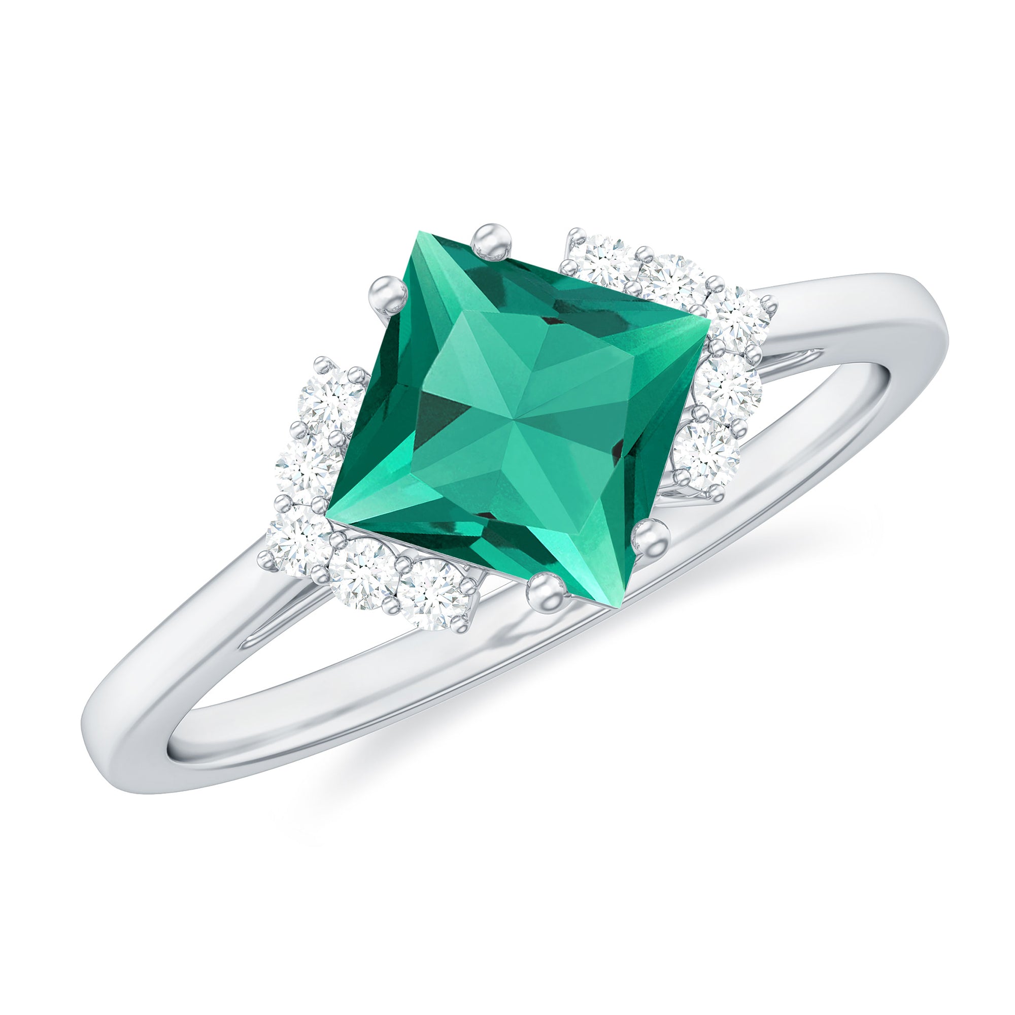 Princess Cut Created Emerald Engagement Ring with Diamond Accent Lab Created Emerald - ( AAAA ) - Quality - Rosec Jewels