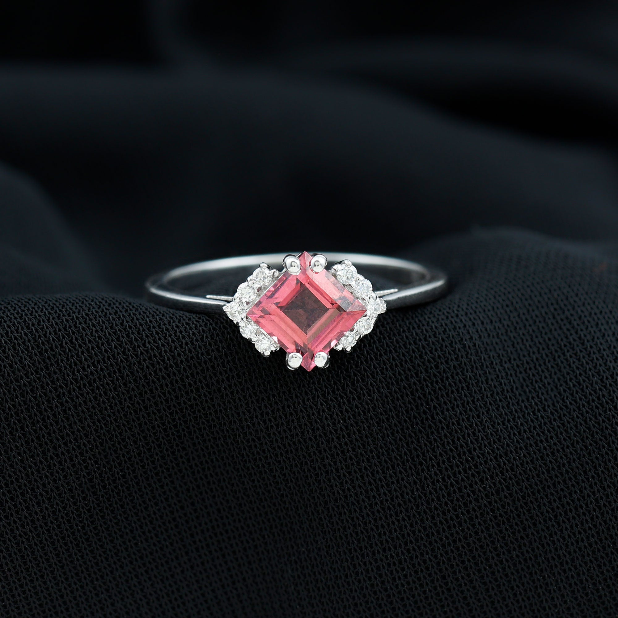 Princess Cut Pink Tourmaline Engagement Ring with Diamond Accent Pink Tourmaline - ( AAA ) - Quality - Rosec Jewels