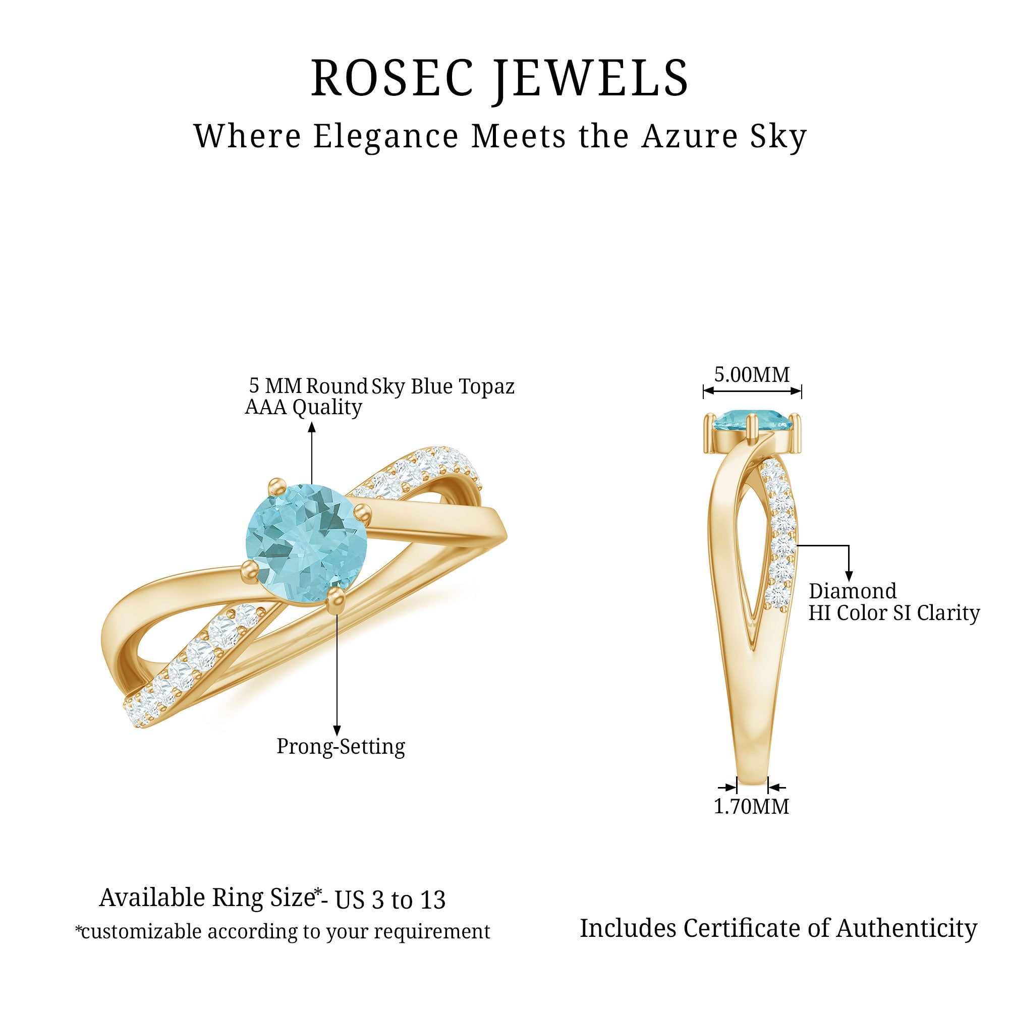 1/2 CT Sky Blue Topaz Solitaire and Diamond Gold Infinity Ring Sky Blue Topaz - ( AAA ) - Quality - Rosec Jewels