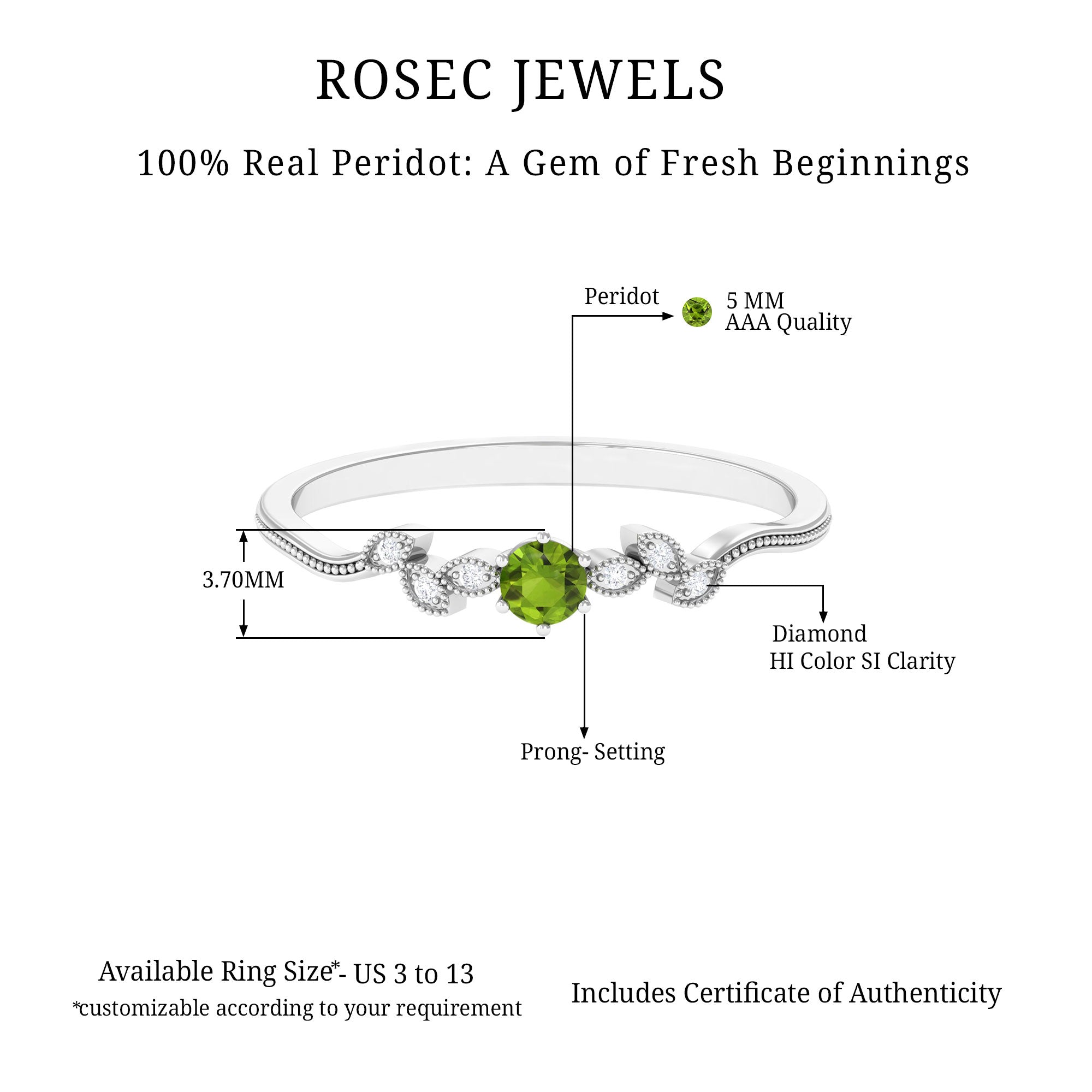 Round Peridot and Diamond Leaf Promise Ring with Beaded Detailing Peridot - ( AAA ) - Quality - Rosec Jewels