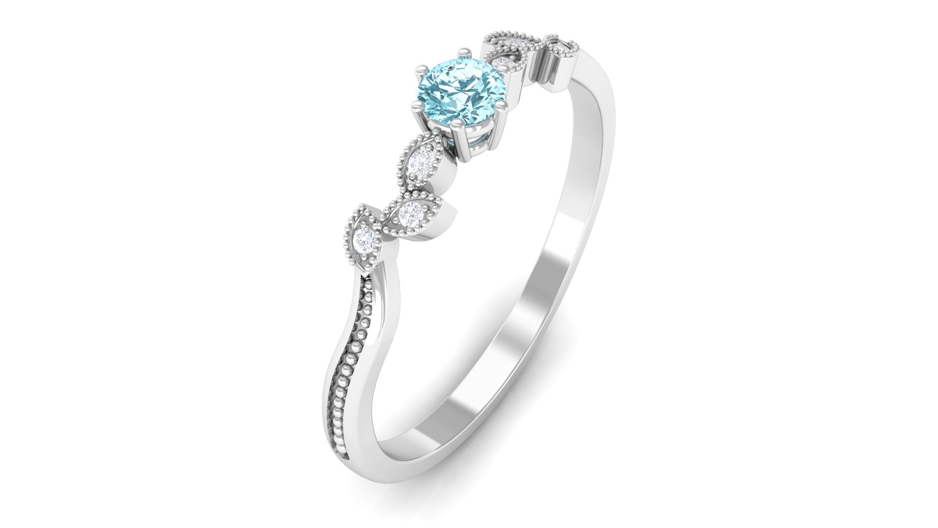 Aquamarine and Diamond Leaf Branch Promise Ring Aquamarine - ( AAA ) - Quality - Rosec Jewels