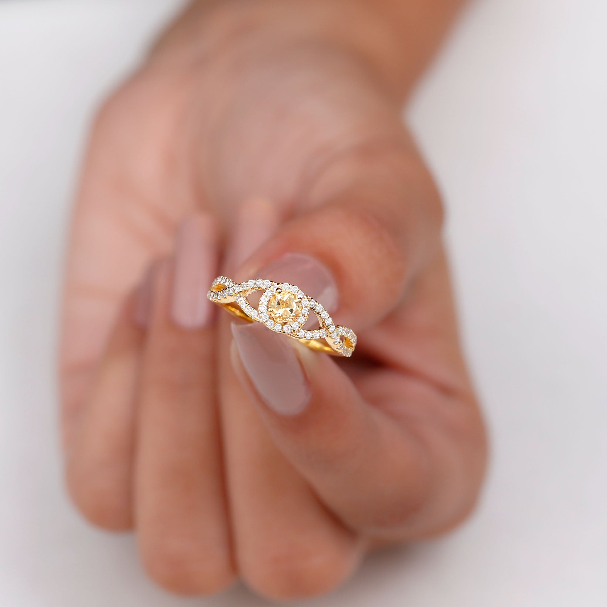 Criss Cross Shank Citrine and Diamond Halo Engagement Ring Citrine - ( AAA ) - Quality - Rosec Jewels