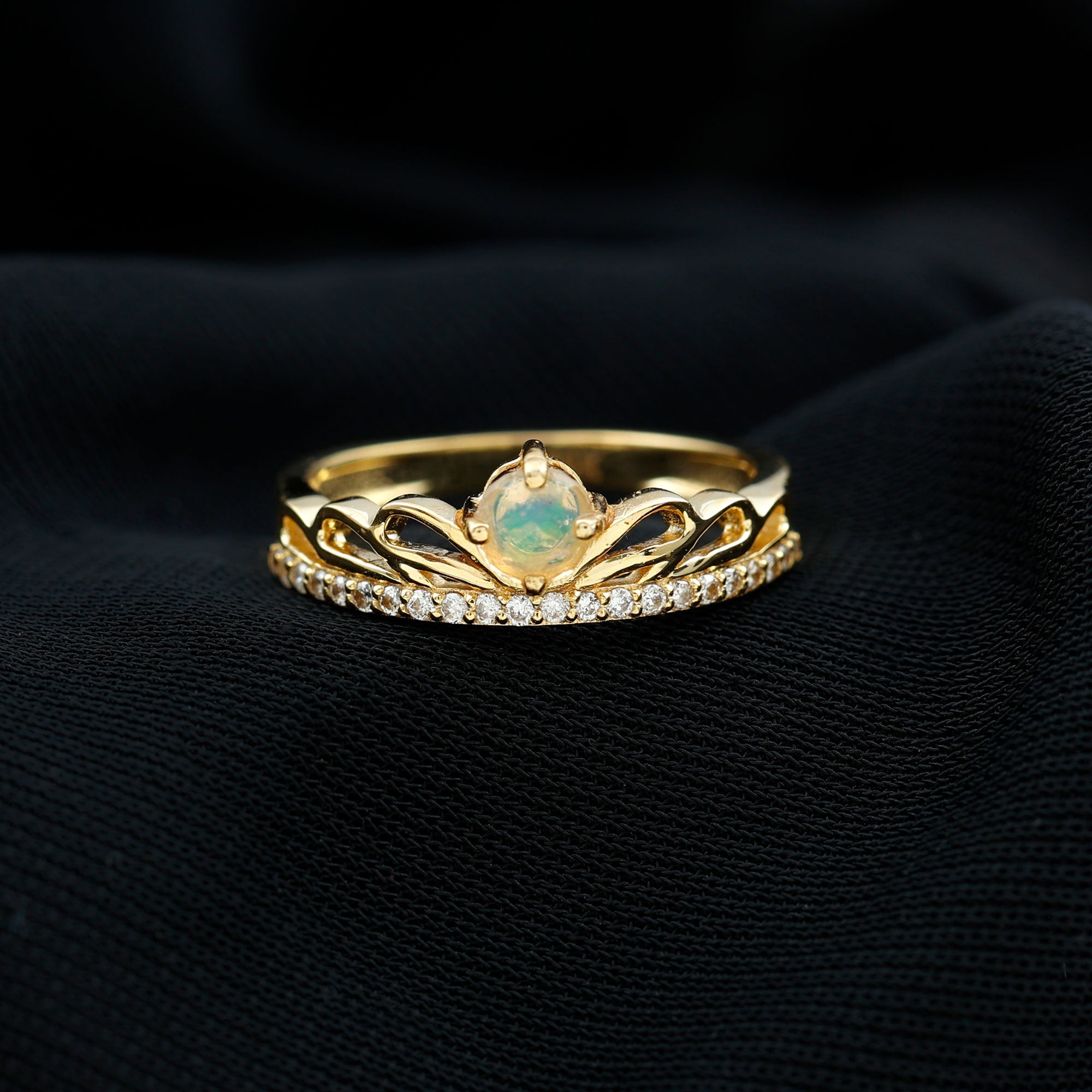 Real Ethiopian Opal and Diamond Crown Band Ring Ethiopian Opal - ( AAA ) - Quality - Rosec Jewels