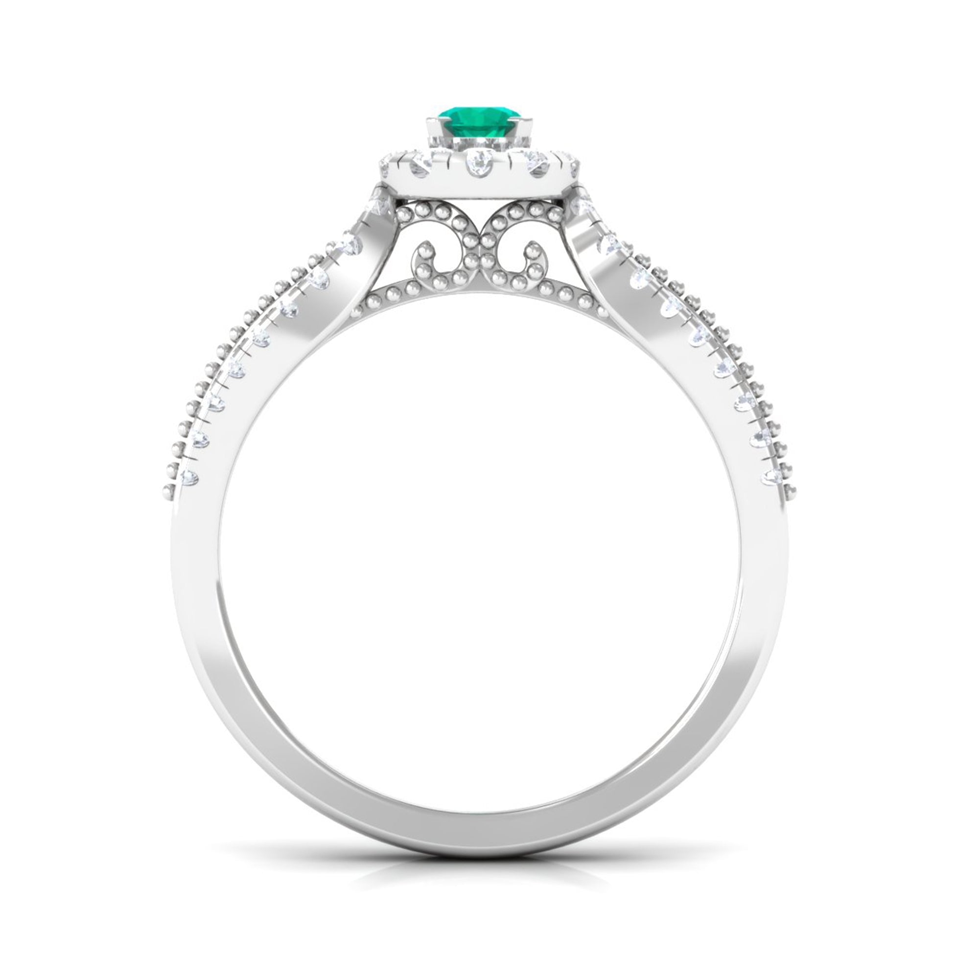 Real Emerald and Diamond Designer Engagement Ring in Split Shank Emerald - ( AAA ) - Quality - Rosec Jewels