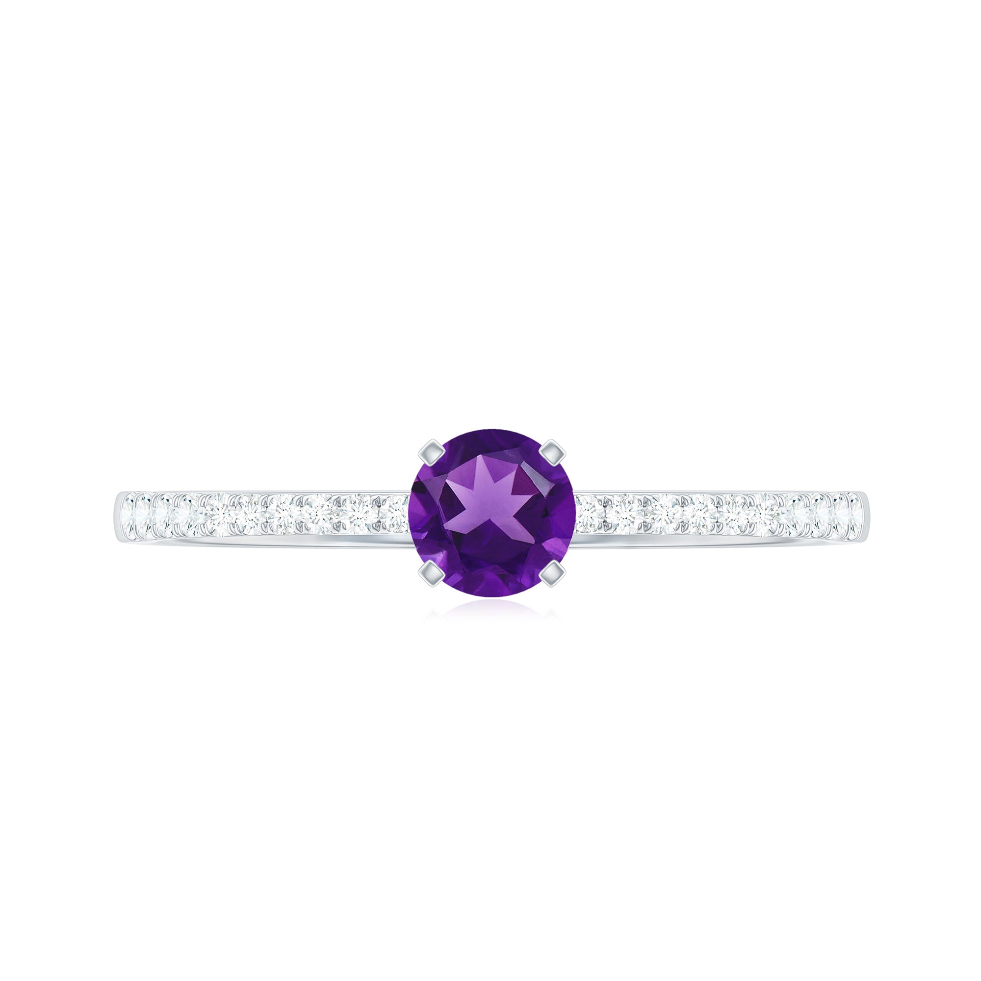 Round Amethyst Solitaire Engagement Ring with Diamond Amethyst - ( AAA ) - Quality - Rosec Jewels