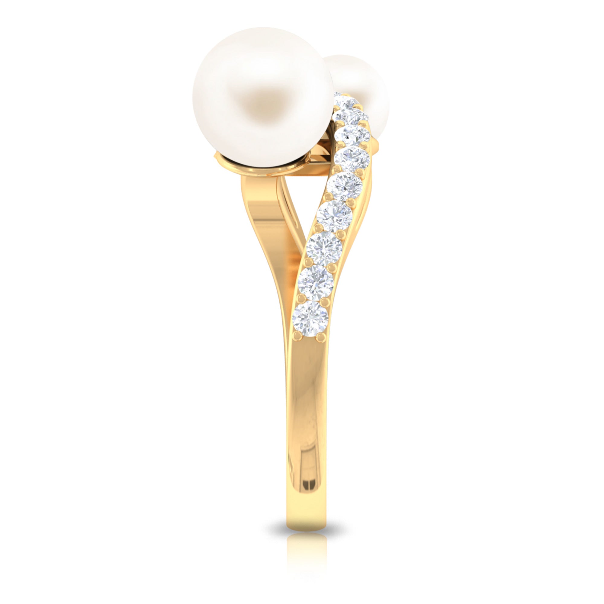 2 Stone Freshwater Pearl Cocktail Ring with Diamond Curved Band Freshwater Pearl - ( AAA ) - Quality - Rosec Jewels