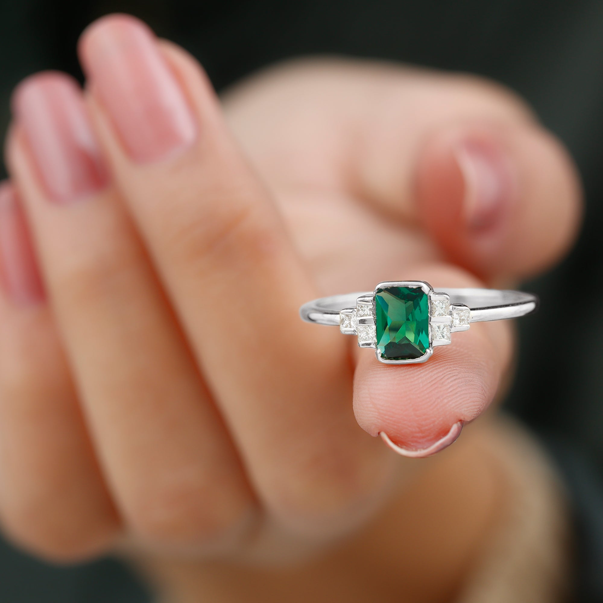 Half Bezel Set Lab Grown Emerald and Diamond Engagement Ring Lab Created Emerald - ( AAAA ) - Quality - Rosec Jewels