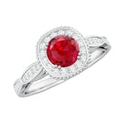 Vintage Inspired Round Created Ruby Engagement Ring with Diamond Halo Lab Created Ruby - ( AAAA ) - Quality - Rosec Jewels