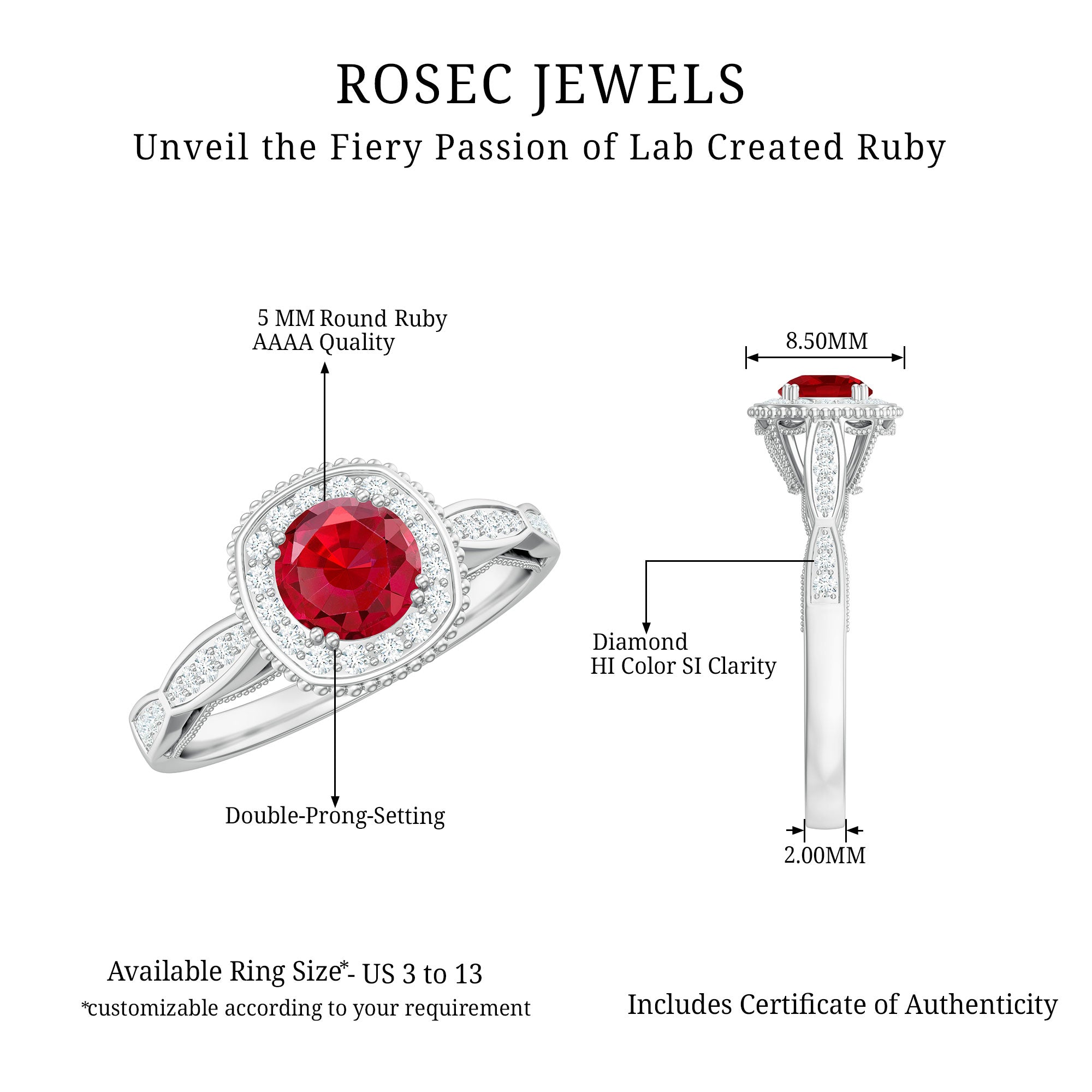 Vintage Inspired Round Created Ruby Engagement Ring with Diamond Halo Lab Created Ruby - ( AAAA ) - Quality - Rosec Jewels