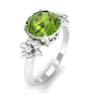 Round Peridot Solitaire Flower Engagement Ring with Diamond Peridot - ( AAA ) - Quality - Rosec Jewels