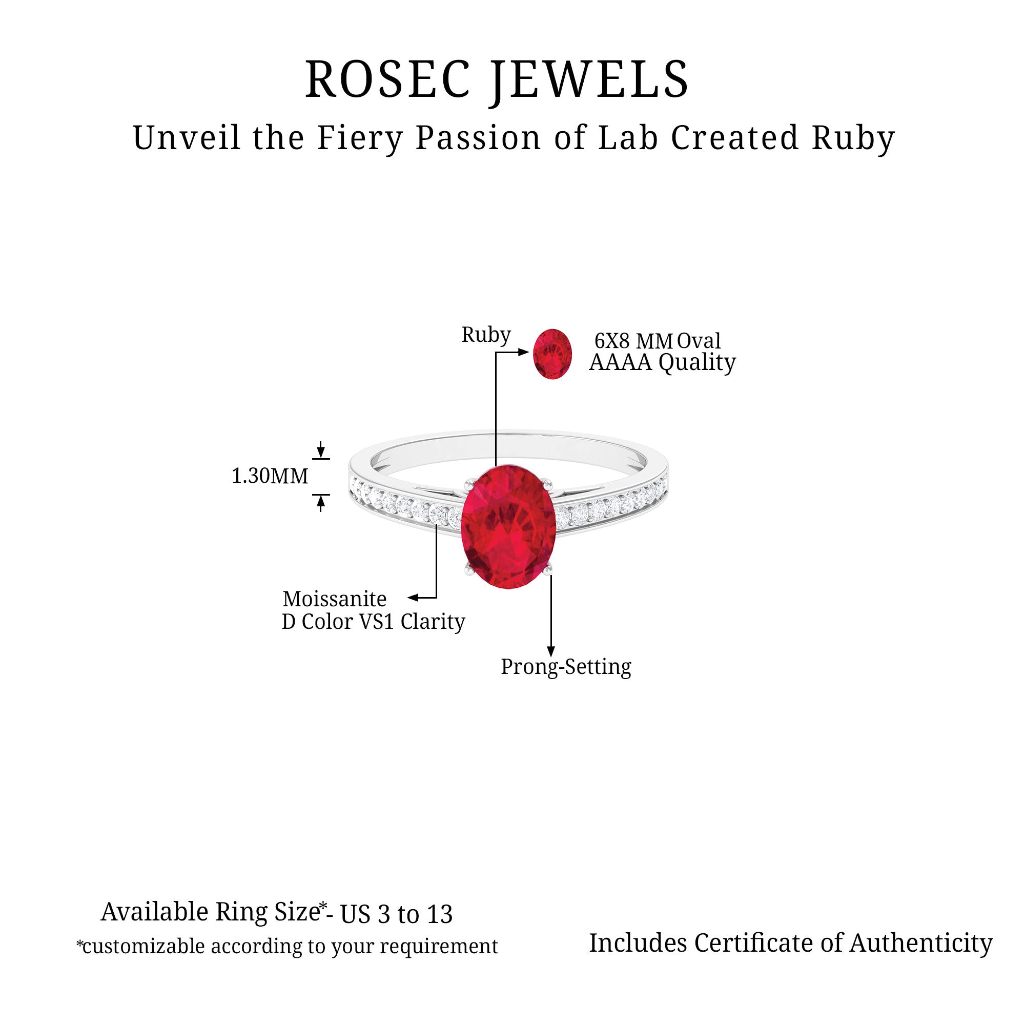 Oval Lab Grown Ruby Solitaire Ring with Moissanite Side Stones Lab Created Ruby - ( AAAA ) - Quality 92.5 Sterling Silver 6 - Rosec Jewels