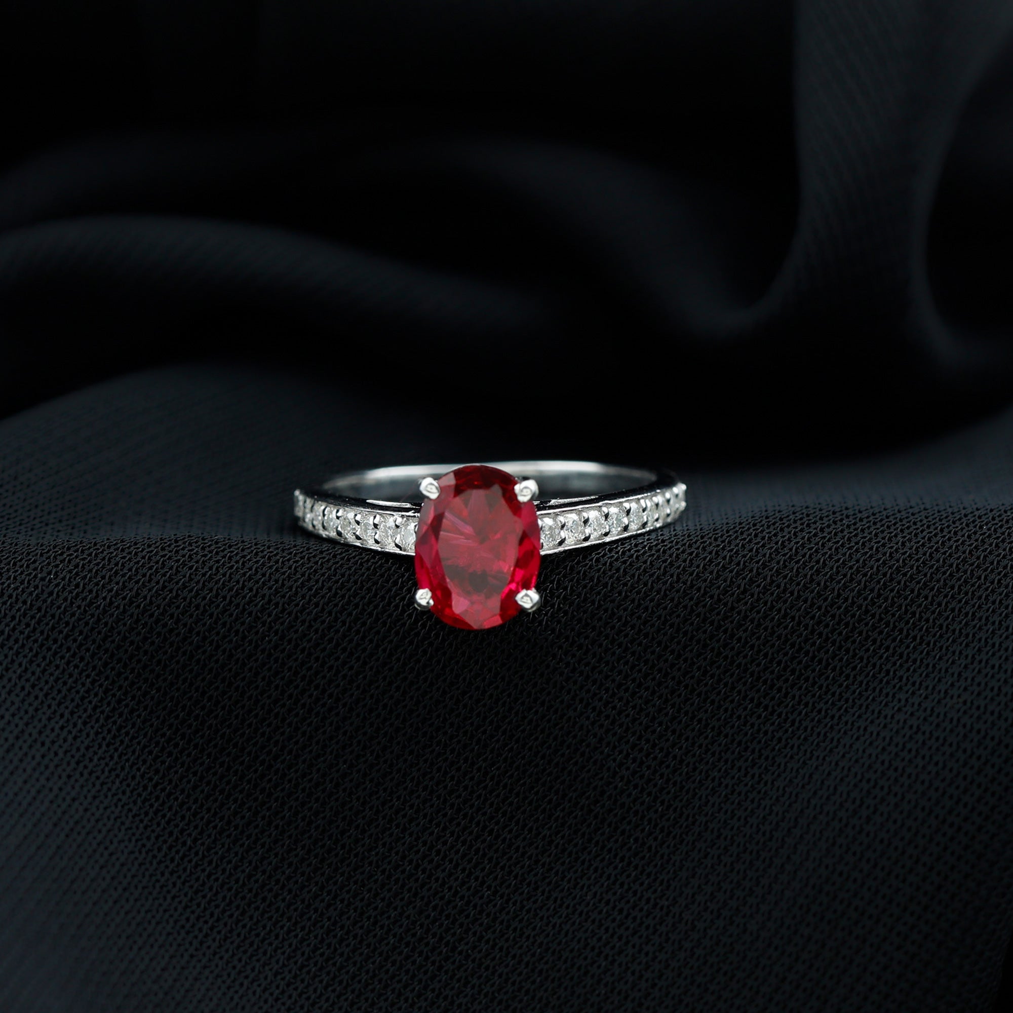 Oval Lab Grown Ruby Solitaire Ring with Moissanite Side Stones Lab Created Ruby - ( AAAA ) - Quality 92.5 Sterling Silver 6 - Rosec Jewels