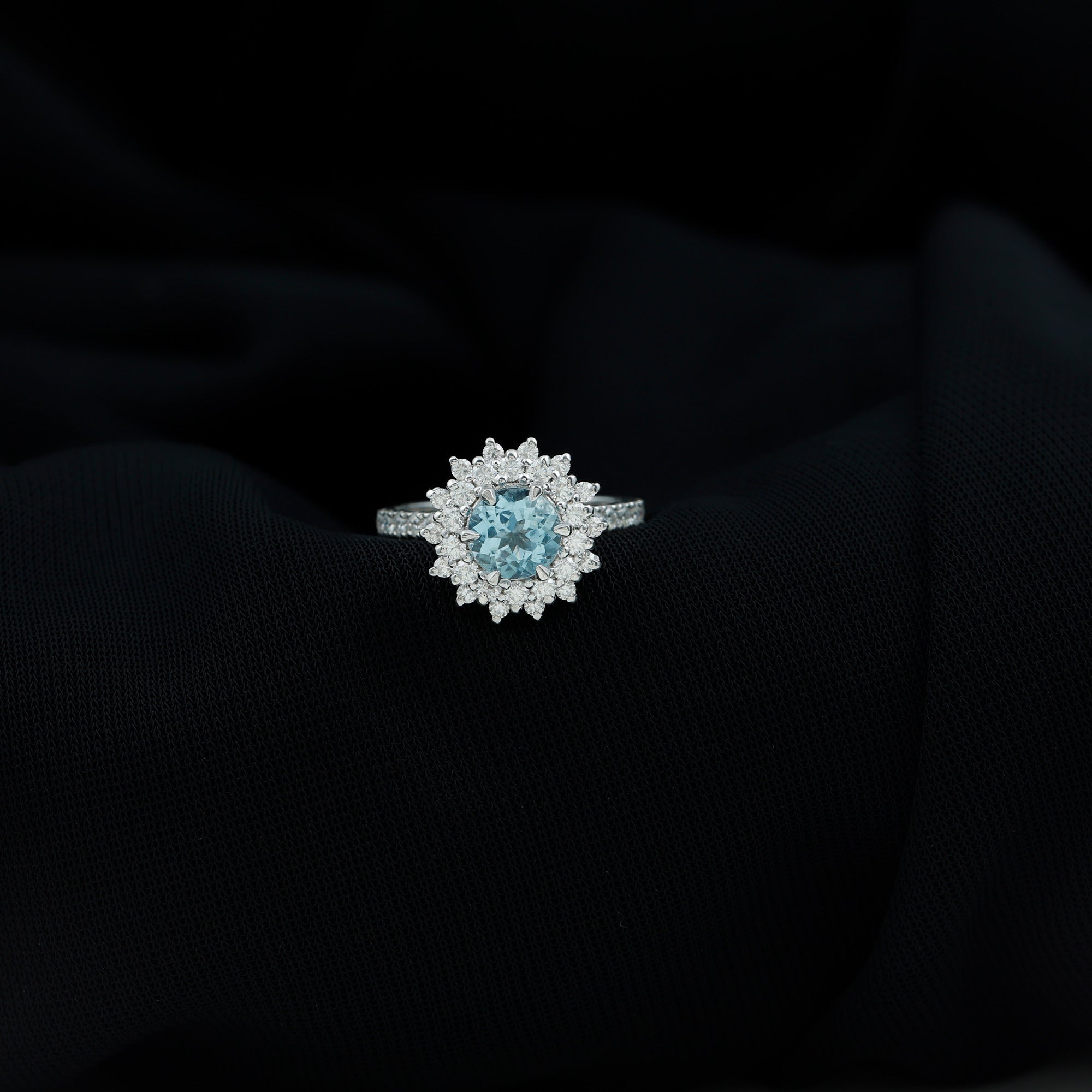 Aquamarine and Moissanite Cluster Halo Engagement Ring Aquamarine - ( AAA ) - Quality - Rosec Jewels