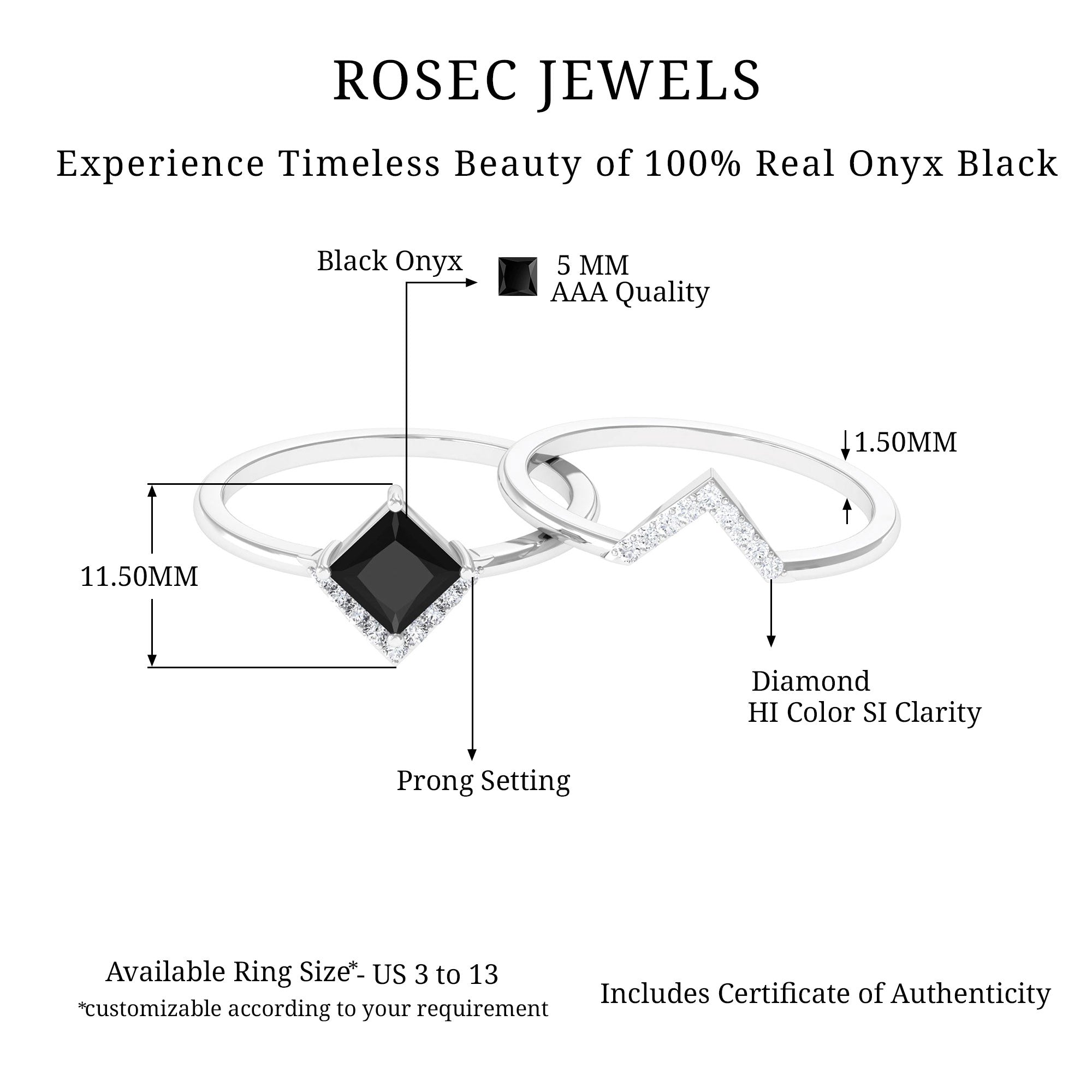 0.75 CT Minimal Princess Cut Black Onyx and Diamond Engagement Enhancer Ring Set Black Onyx - ( AAA ) - Quality - Rosec Jewels