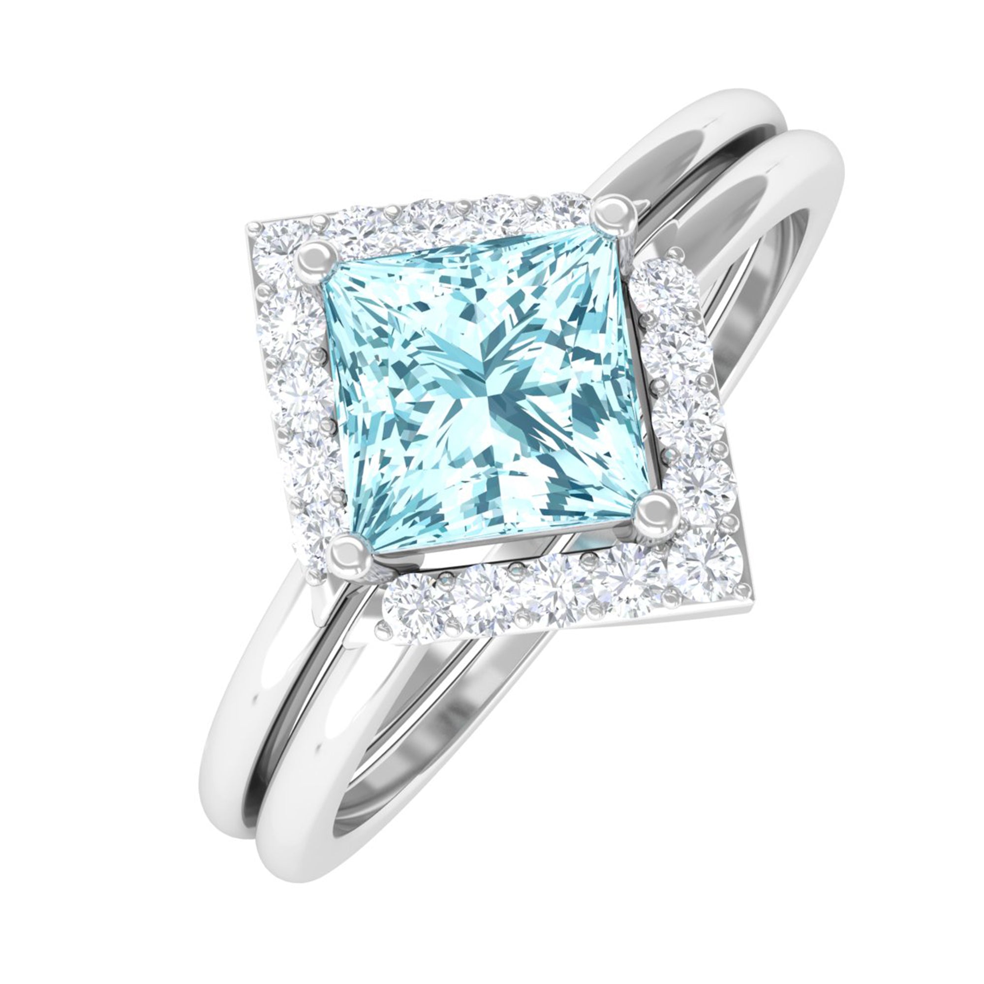 3/4 CT Minimal Princess Cut Aquamarine and Diamond Engagement Enhancer Ring Set Aquamarine - ( AAA ) - Quality - Rosec Jewels