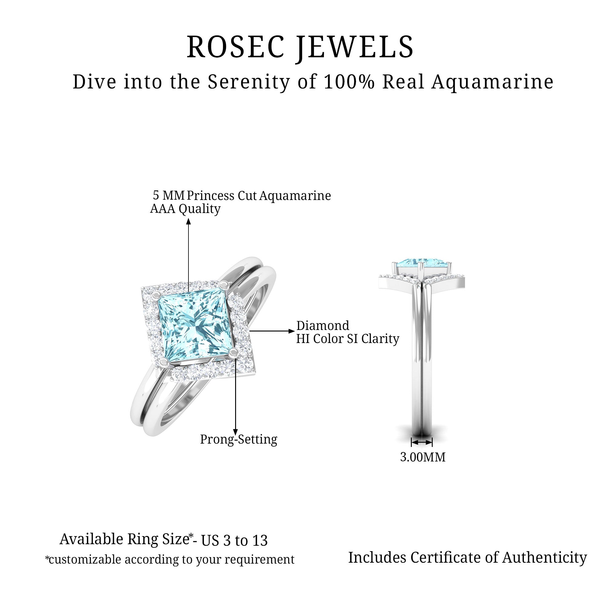 3/4 CT Minimal Princess Cut Aquamarine and Diamond Engagement Enhancer Ring Set Aquamarine - ( AAA ) - Quality - Rosec Jewels