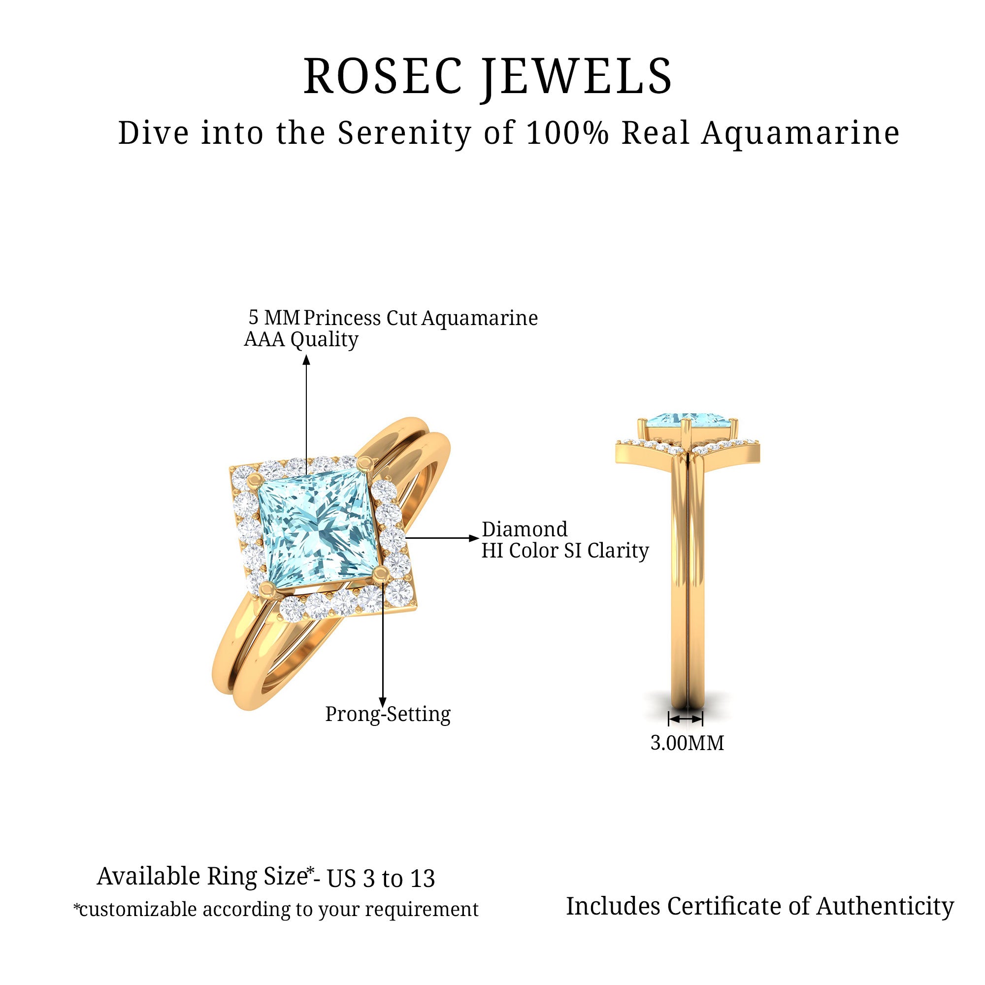 3/4 CT Minimal Princess Cut Aquamarine and Diamond Engagement Enhancer Ring Set Aquamarine - ( AAA ) - Quality - Rosec Jewels