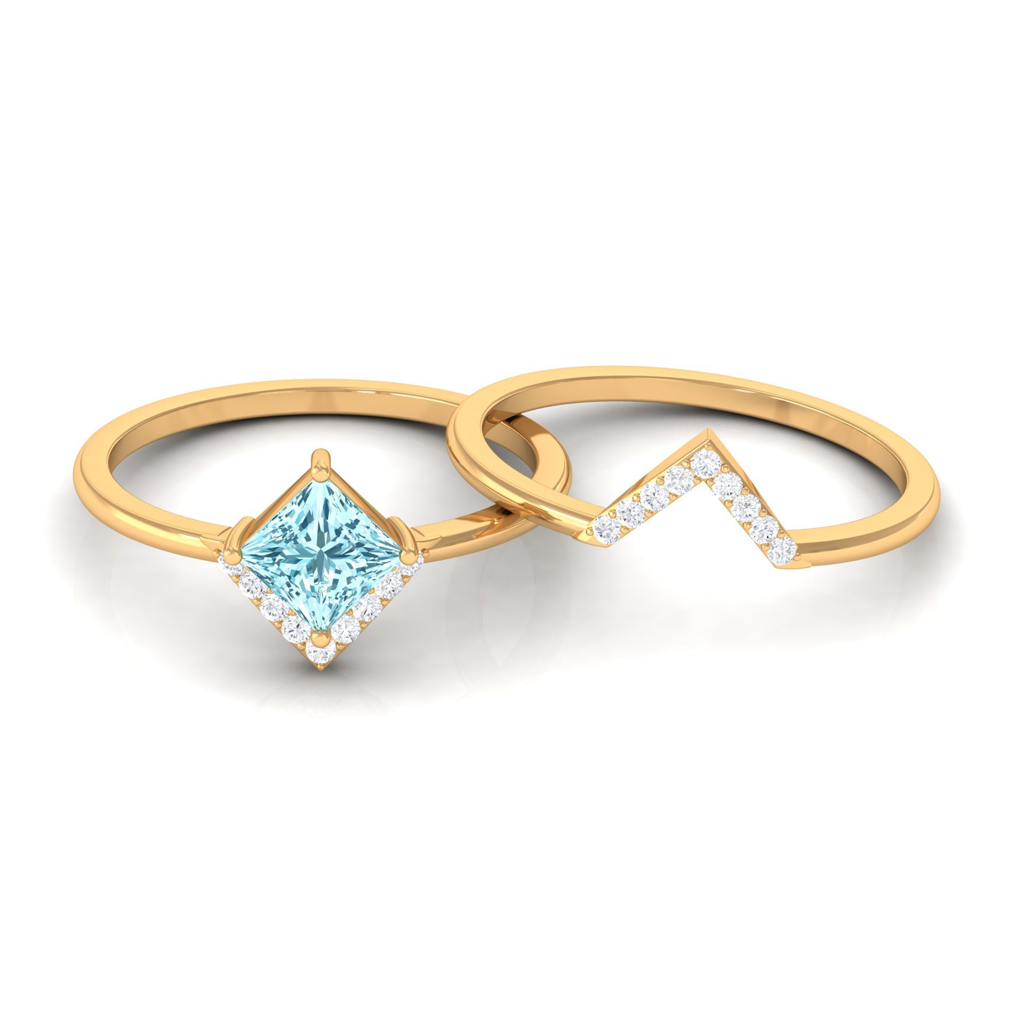 3/4 CT Minimal Princess Cut Aquamarine and Diamond Engagement Enhancer Ring Set Aquamarine - ( AAA ) - Quality - Rosec Jewels