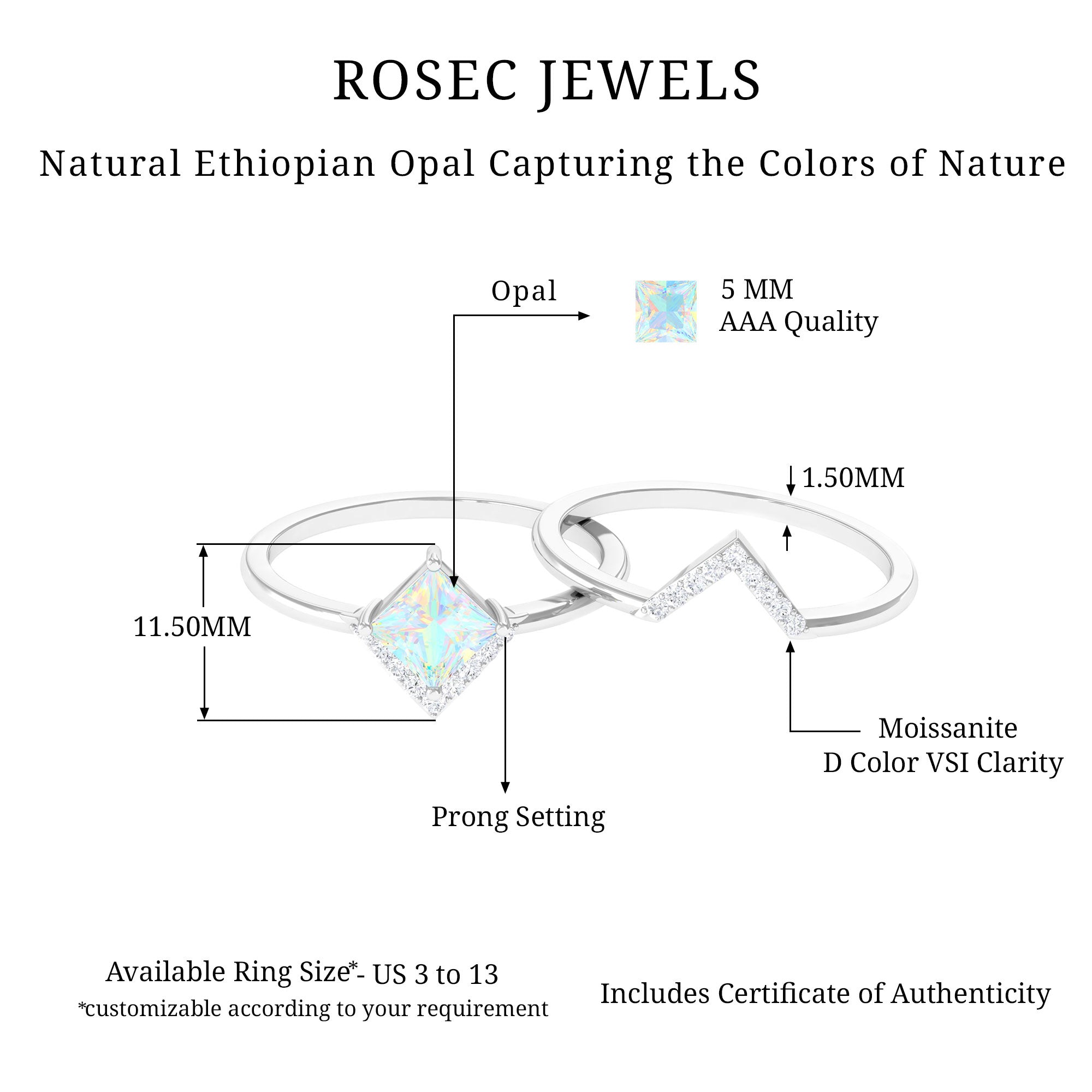 1 CT Minimal Princess Cut Ethiopian Opal and Moissanite Engagement Enhancer Ring Set Ethiopian Opal - ( AAA ) - Quality - Rosec Jewels