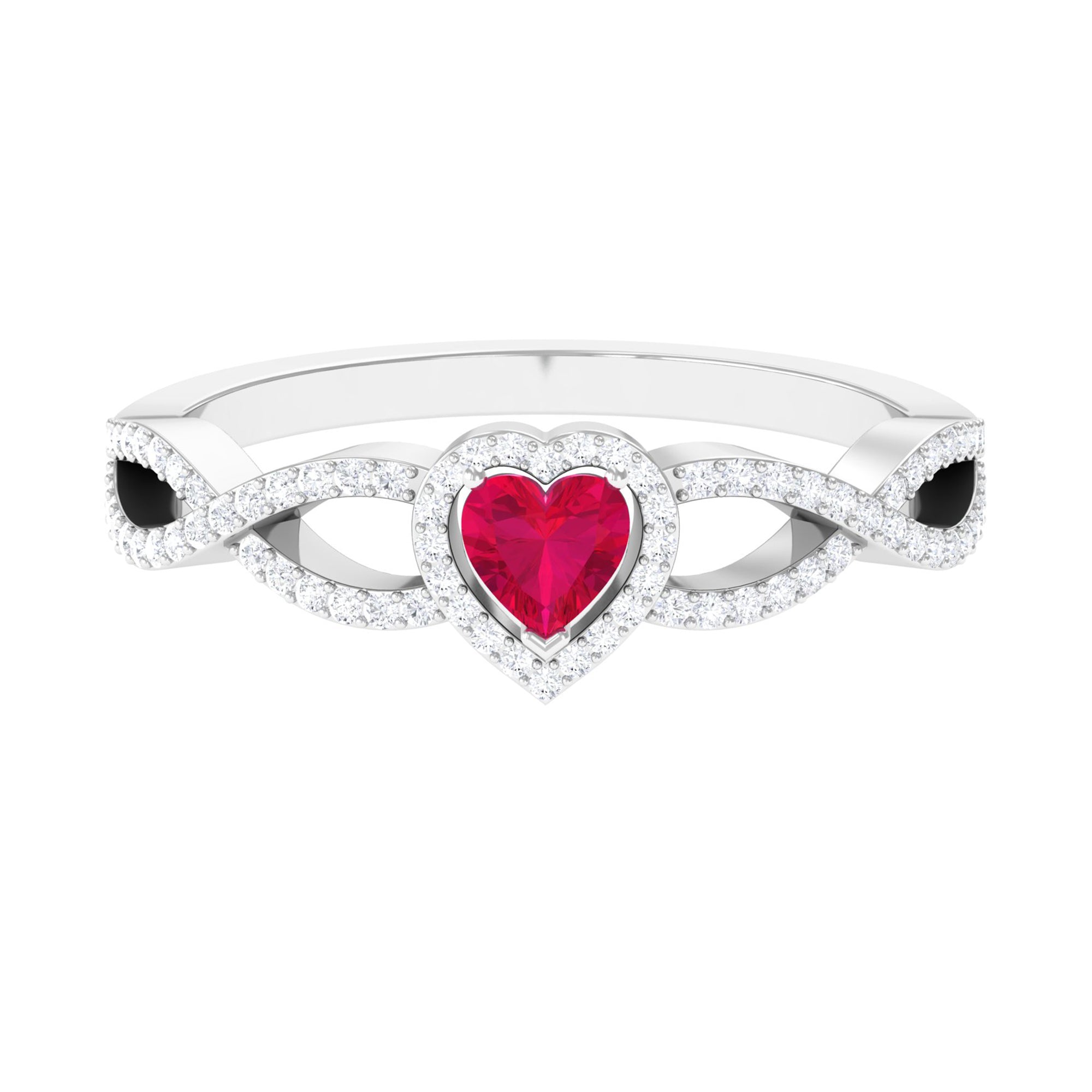 Genuine Ruby Heart Crisscross Engagement Ring with Diamond Ruby - ( AAA ) - Quality - Rosec Jewels