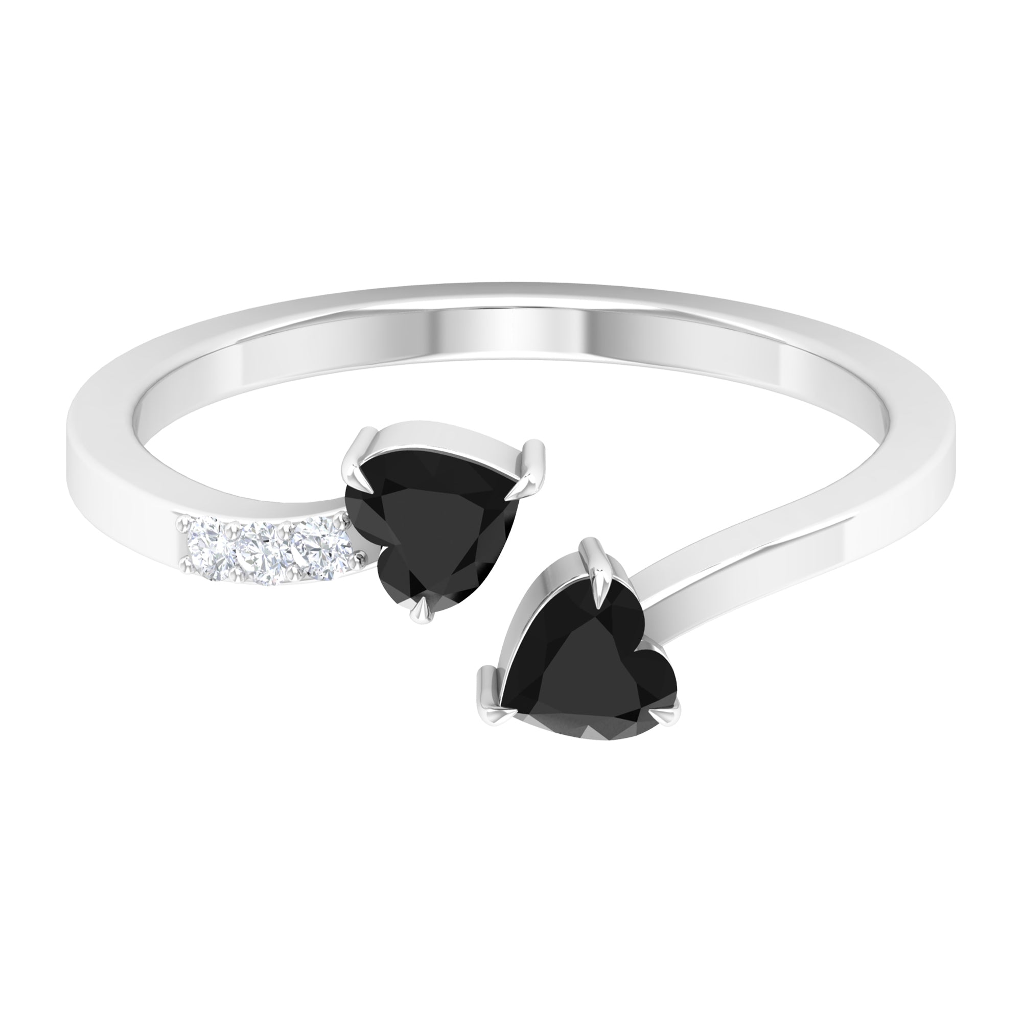 Heart Shape Black Onyx Two Stone Wrap Ring with Diamond Black Onyx - ( AAA ) - Quality - Rosec Jewels