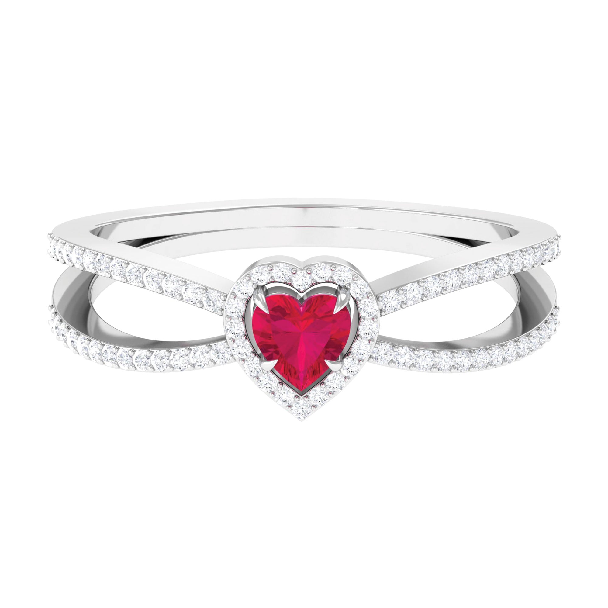 Heart Ruby Split Shank Engagement Ring with Diamond Accent Ruby - ( AAA ) - Quality - Rosec Jewels