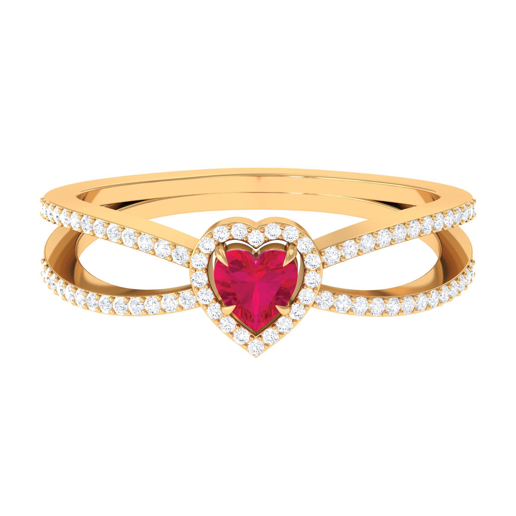 Heart Ruby Split Shank Engagement Ring with Diamond Accent Ruby - ( AAA ) - Quality - Rosec Jewels