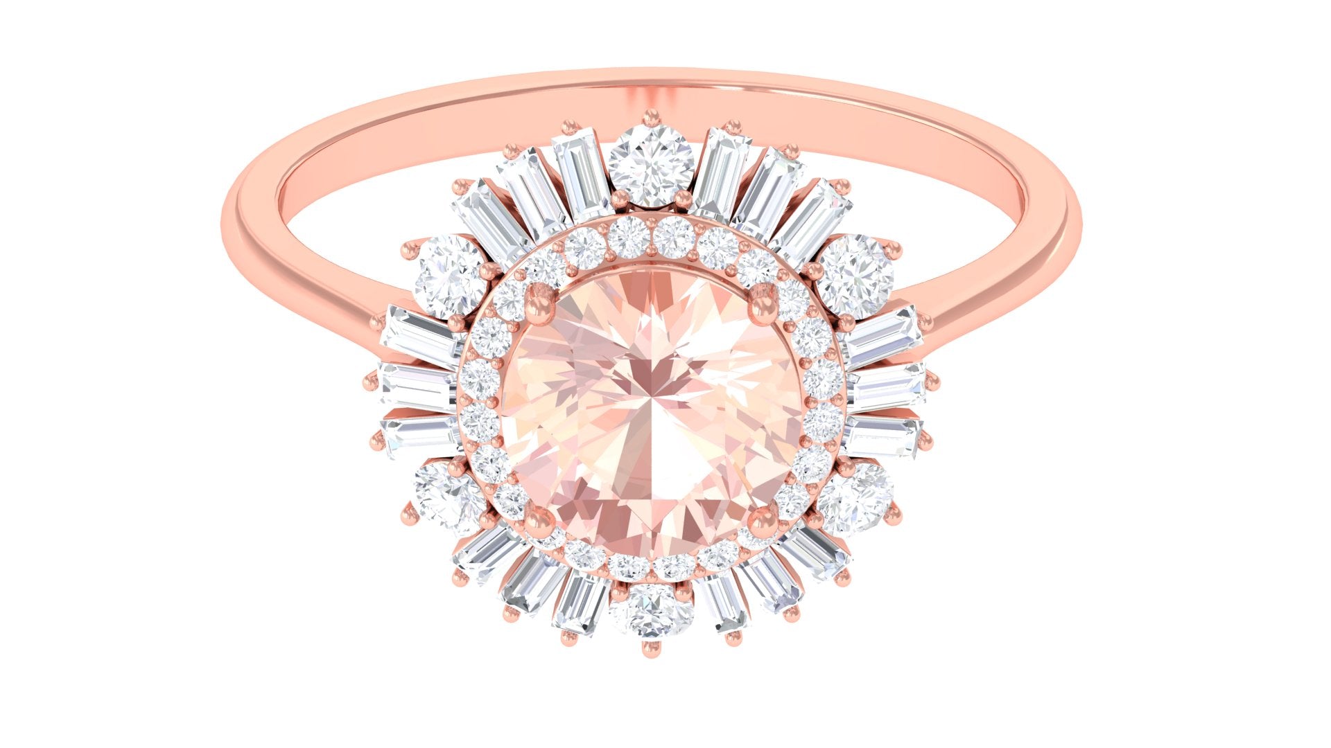 Round Morganite Cocktail Ring with Moissanite Double Halo Morganite - ( AAA ) - Quality - Rosec Jewels