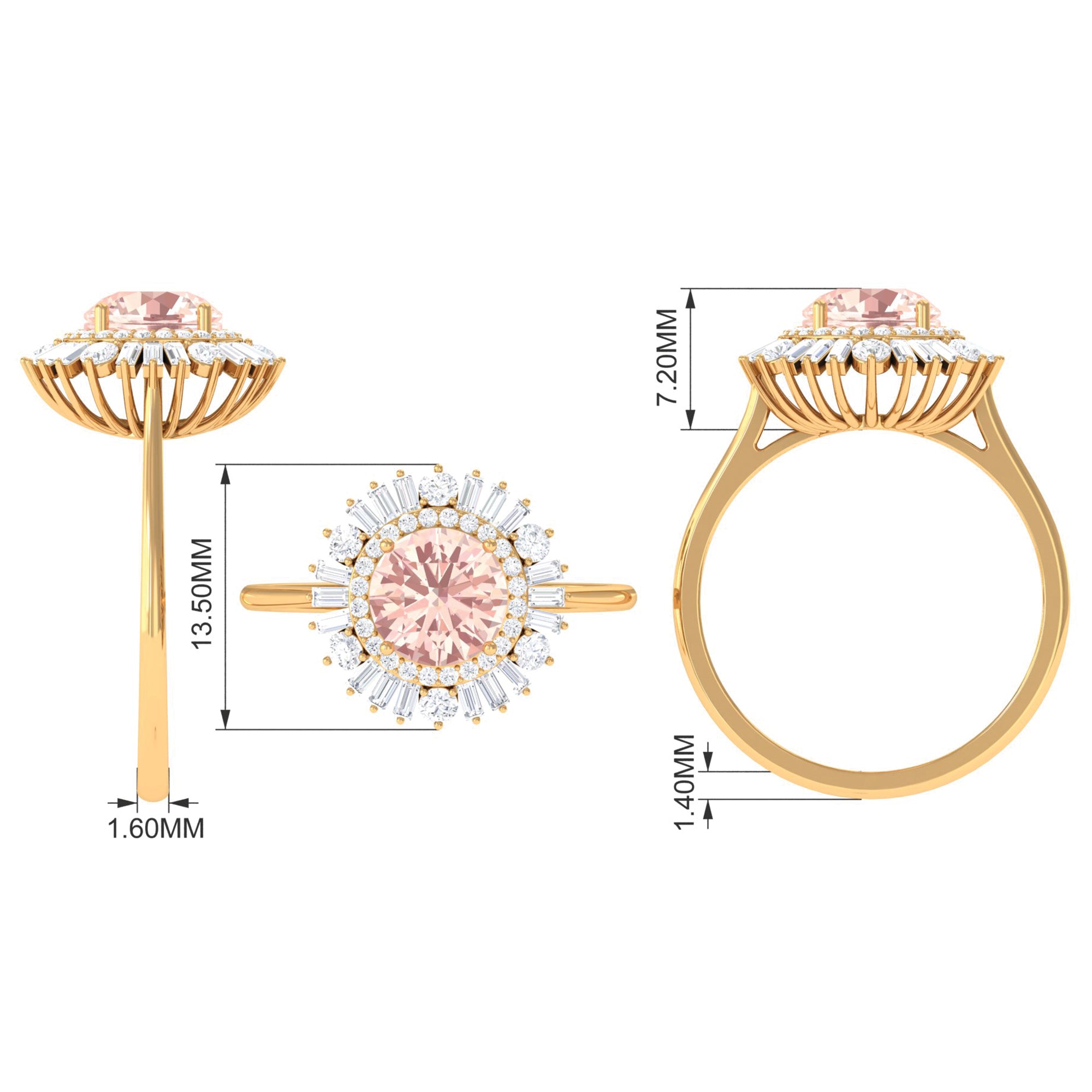 Round Morganite Cocktail Ring with Moissanite Double Halo Morganite - ( AAA ) - Quality - Rosec Jewels