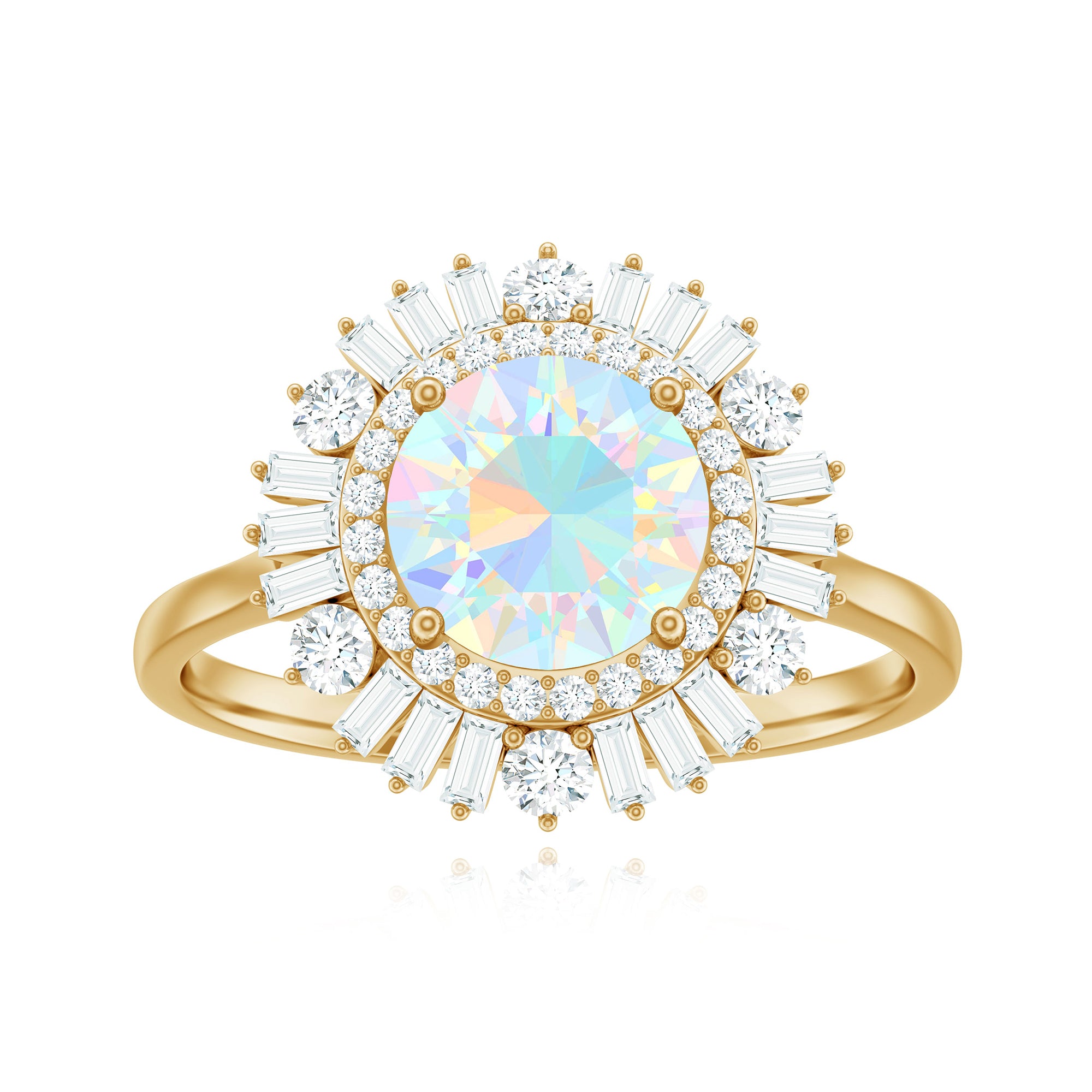 Round Ethiopian Opal Cocktail Ring with Moissanite Double Halo Ethiopian Opal - ( AAA ) - Quality - Rosec Jewels