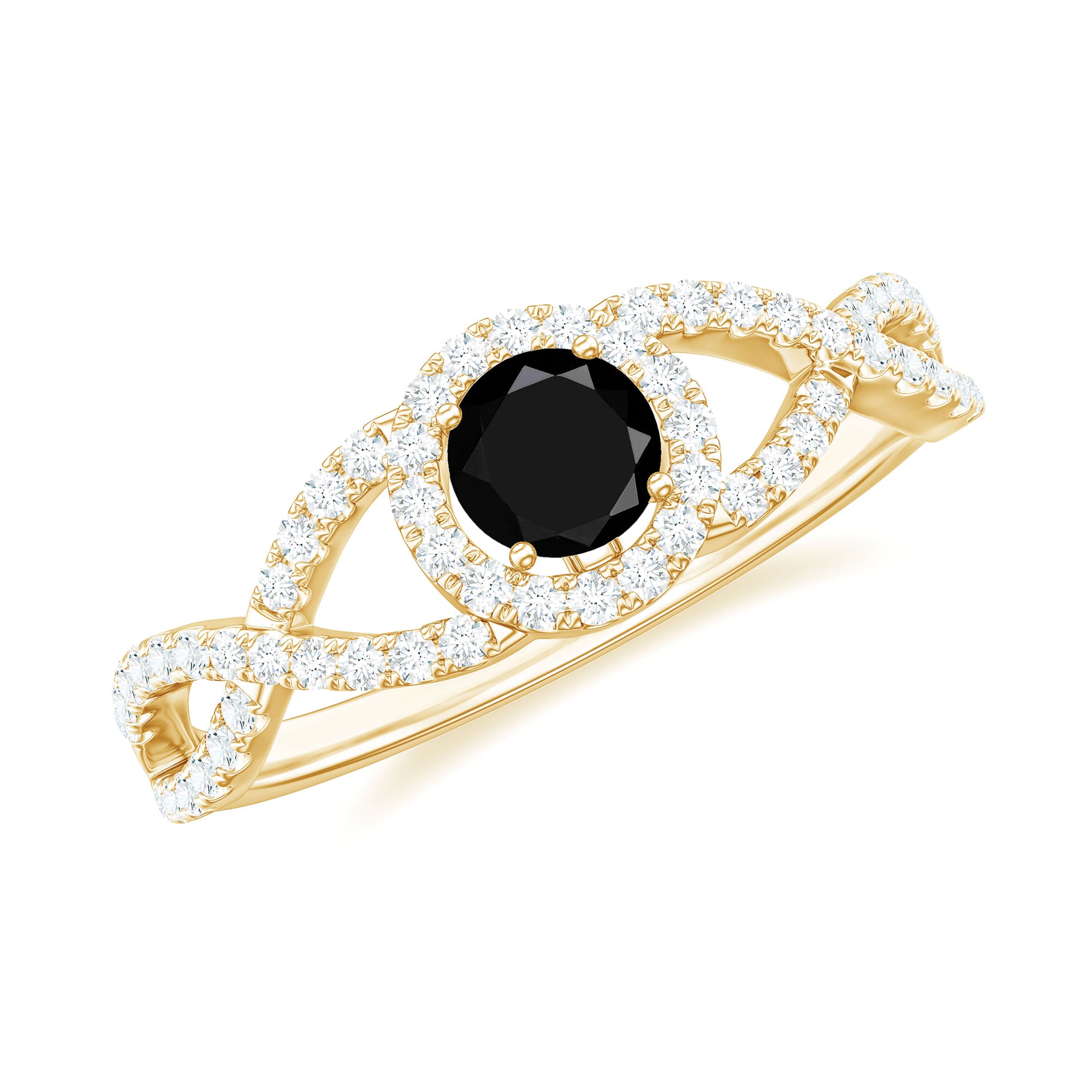 Criss Cross Shank Black Onyx and Diamond Halo Engagement Ring Black Onyx - ( AAA ) - Quality - Rosec Jewels