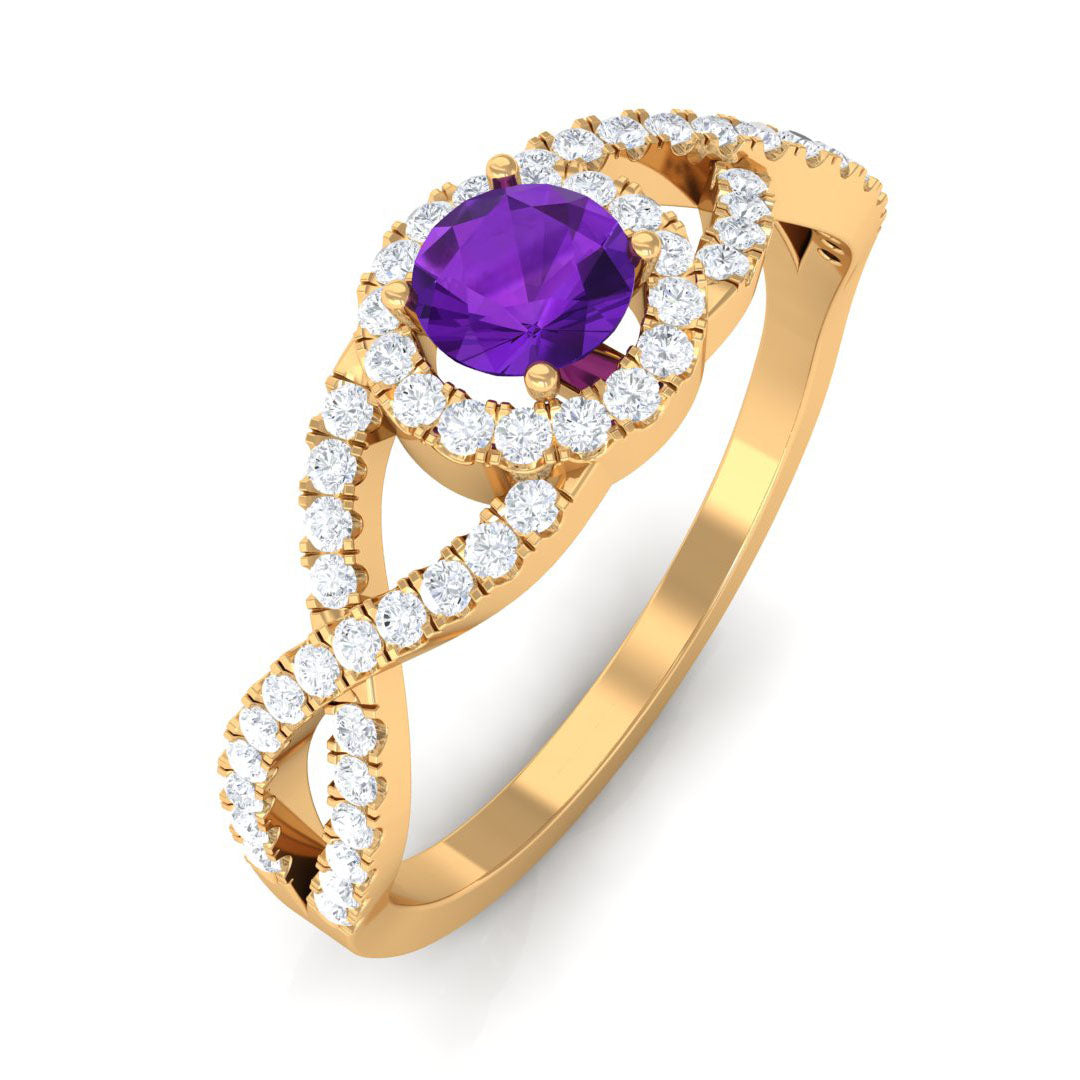 Round Amethyst and Diamond Criss Cross Engagement Ring Amethyst - ( AAA ) - Quality - Rosec Jewels