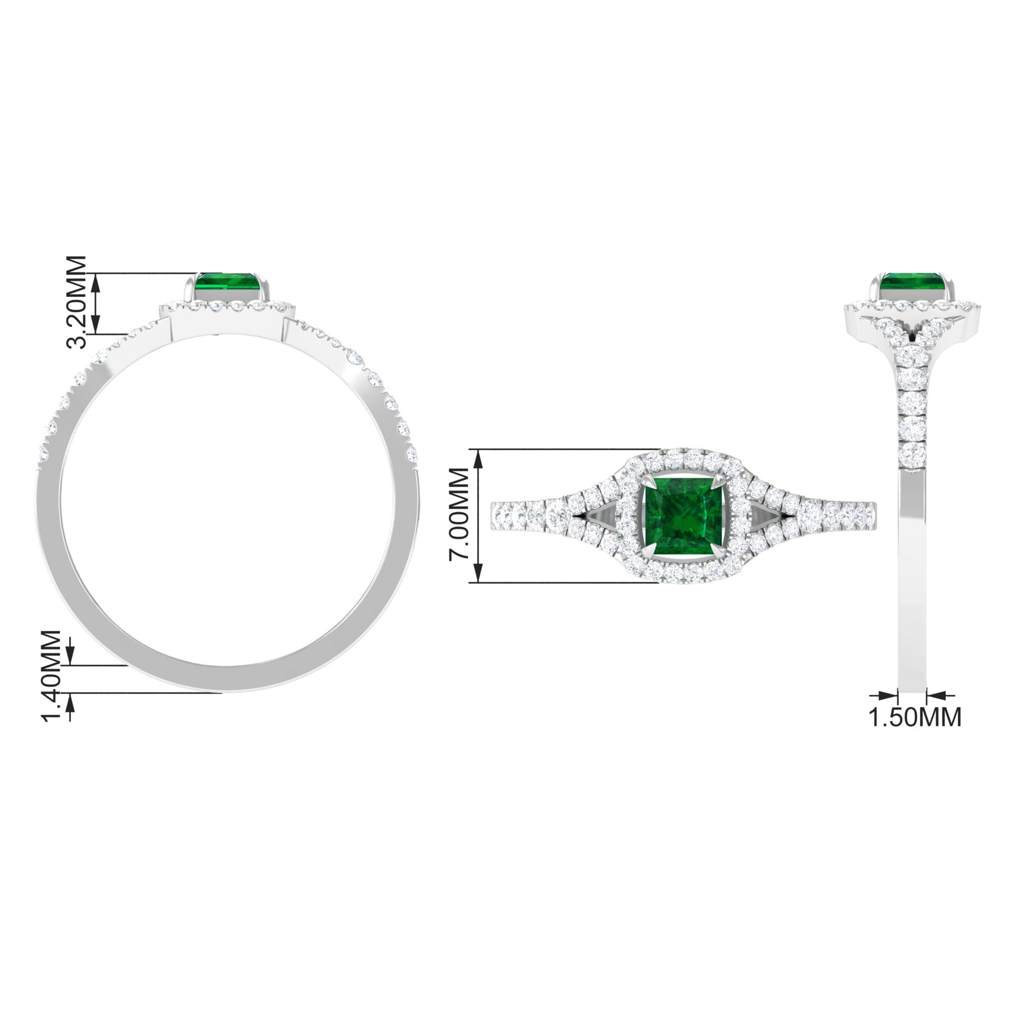 Princess Cut Lab Grown Emerald Designer Ring with Diamond Split Shank Lab Created Emerald - ( AAAA ) - Quality - Rosec Jewels