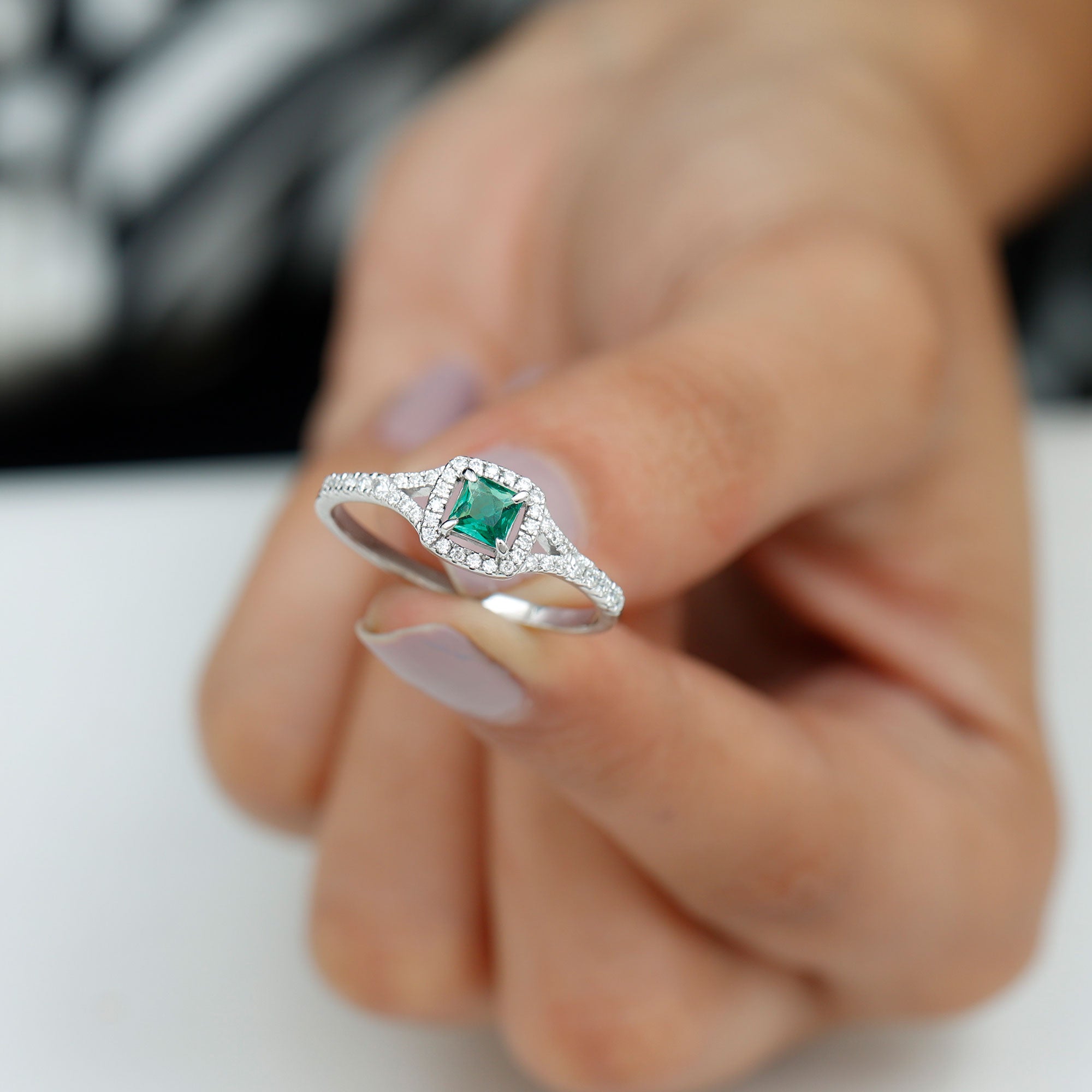 Princess Cut Lab Grown Emerald Designer Ring with Diamond Split Shank Lab Created Emerald - ( AAAA ) - Quality - Rosec Jewels