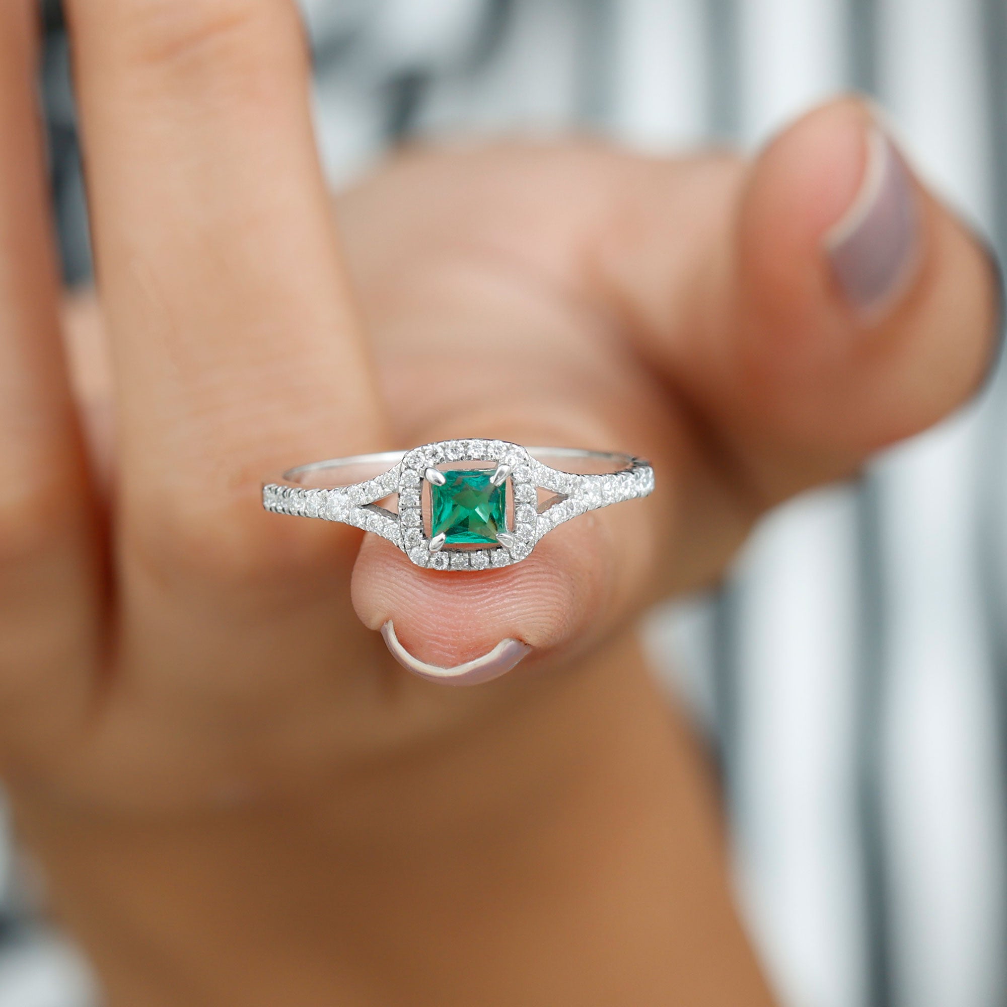 Princess Cut Lab Grown Emerald Designer Ring with Diamond Split Shank Lab Created Emerald - ( AAAA ) - Quality - Rosec Jewels