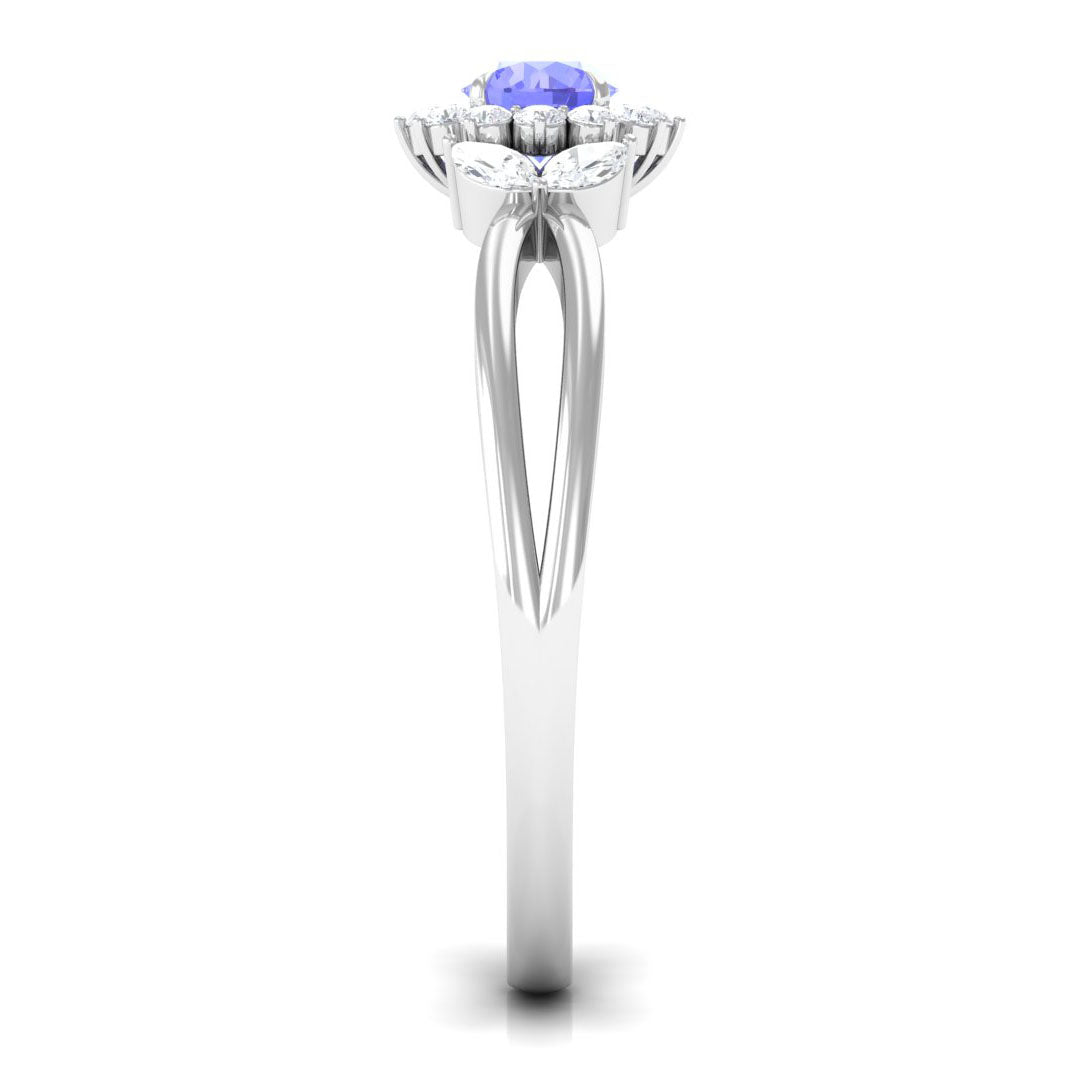 Split Shank Tanzanite Flower Engagement Ring with Diamond Tanzanite - ( AAA ) - Quality - Rosec Jewels