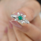 Antique Style Emerald and Diamond Engagement Ring with Beaded Detailing Emerald - ( AAA ) - Quality - Rosec Jewels