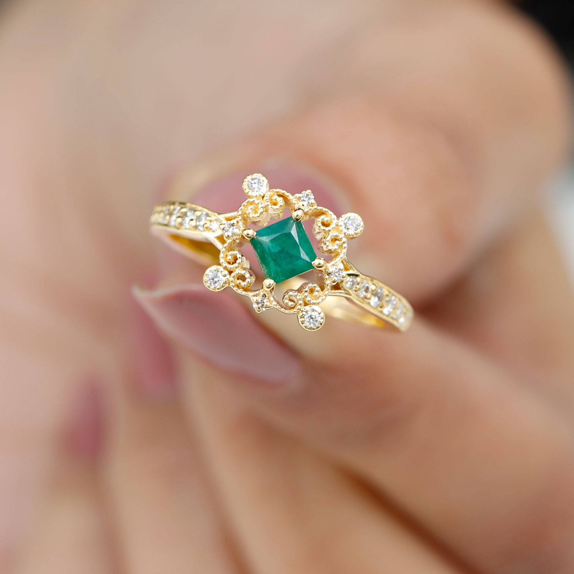 Antique Style Emerald and Diamond Engagement Ring with Beaded Detailing Emerald - ( AAA ) - Quality - Rosec Jewels