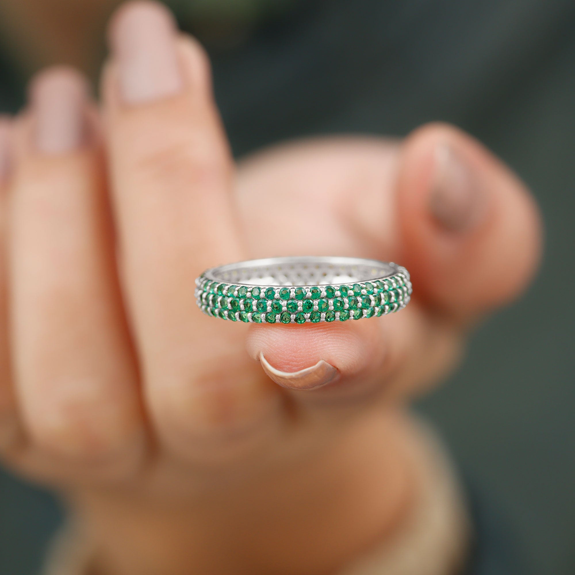 Certified Created Emerald Three Row Eternity Band in Gold Lab Created Emerald - ( AAAA ) - Quality - Rosec Jewels