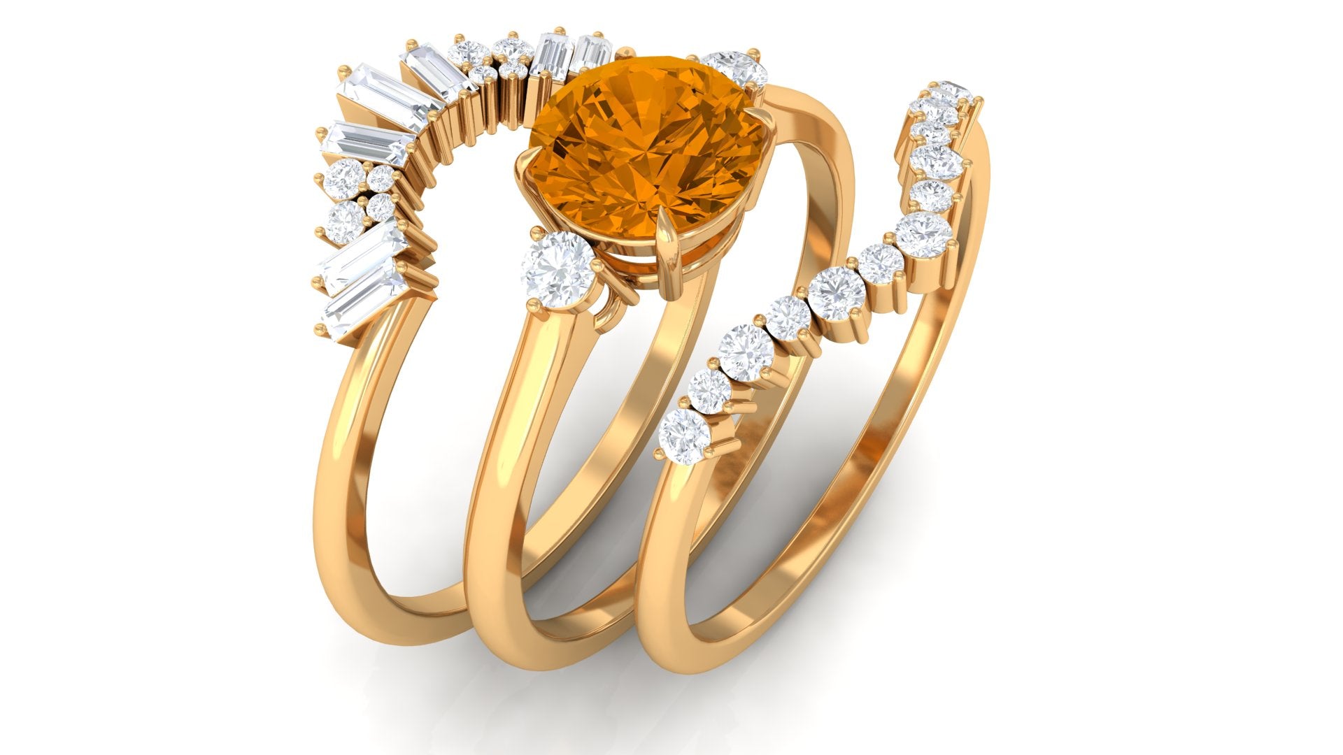 Round Citrine Designer Trio Wedding Ring Set with Moissanite Citrine - ( AAA ) - Quality - Rosec Jewels