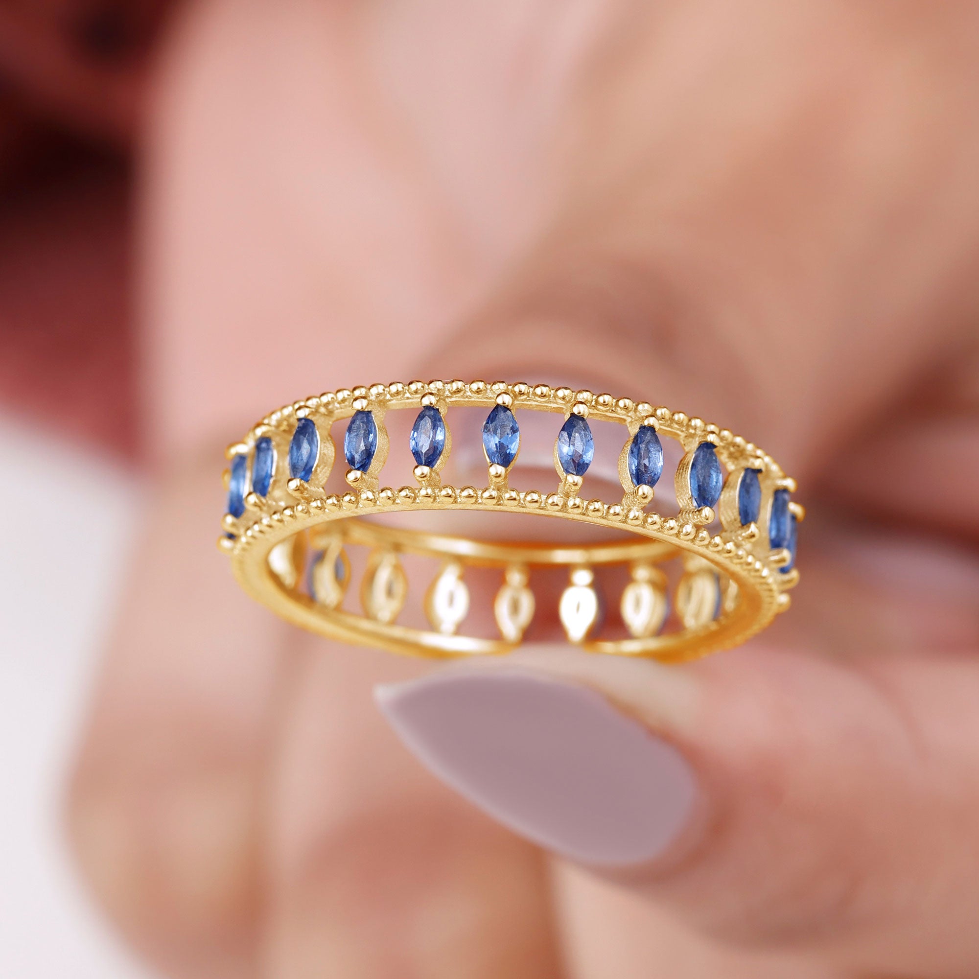 Marquise Cut Created Blue Sapphire Eternity Band with Beaded Detailing Lab Created Blue Sapphire - ( AAAA ) - Quality - Rosec Jewels