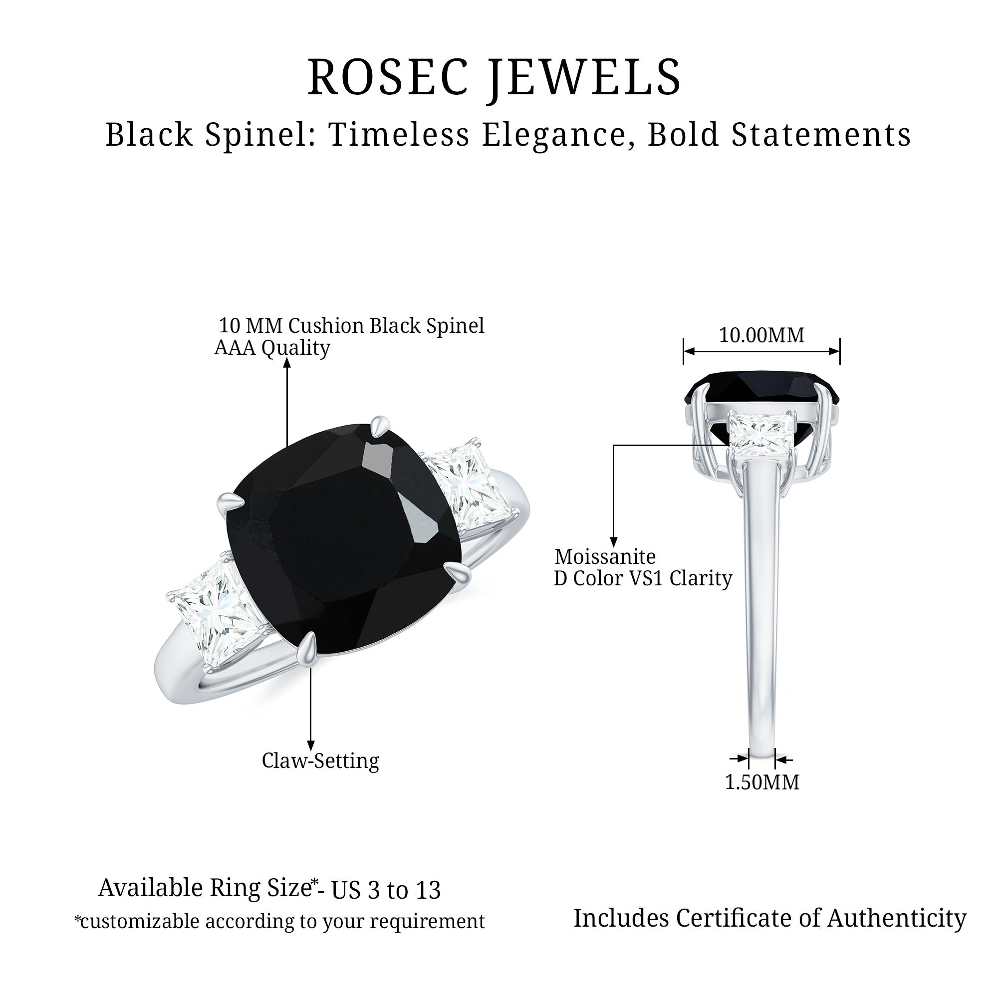 Cushion Cut Black Spinel Solitaire Engagement Ring with Moissanite Black Spinel - ( AAA ) - Quality - Rosec Jewels