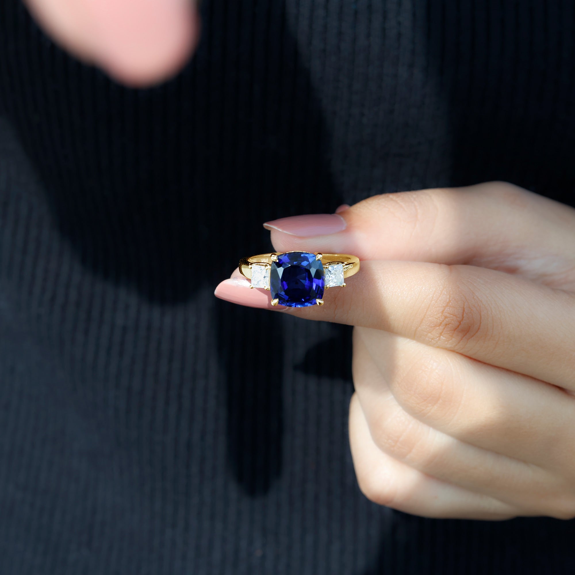 Rosec Jewels-Cushion Cut Created Blue Sapphire Solitaire Ring