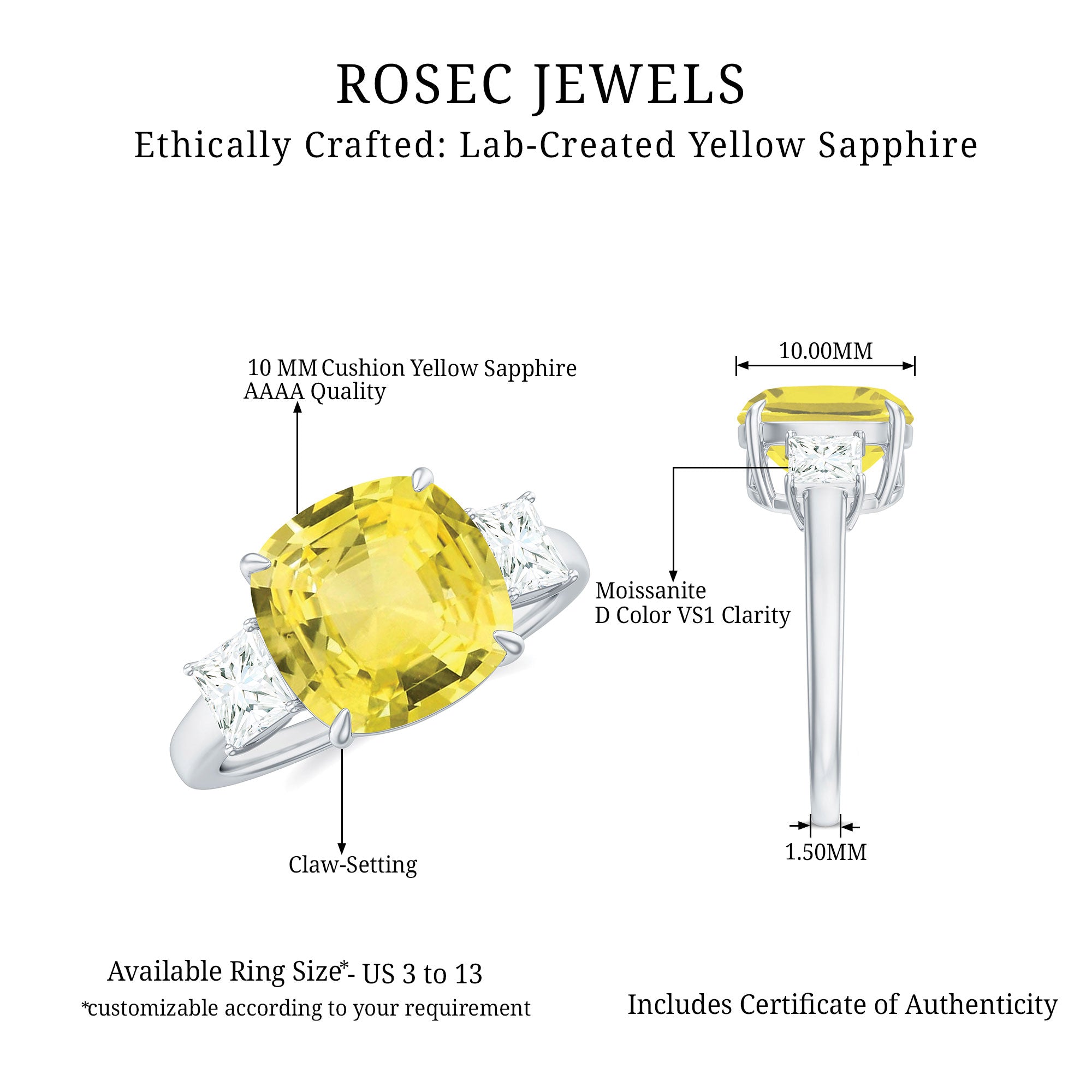 Created Yellow Sapphire and Moissanite Engagement Ring Lab Created Yellow Sapphire - ( AAAA ) - Quality - Rosec Jewels