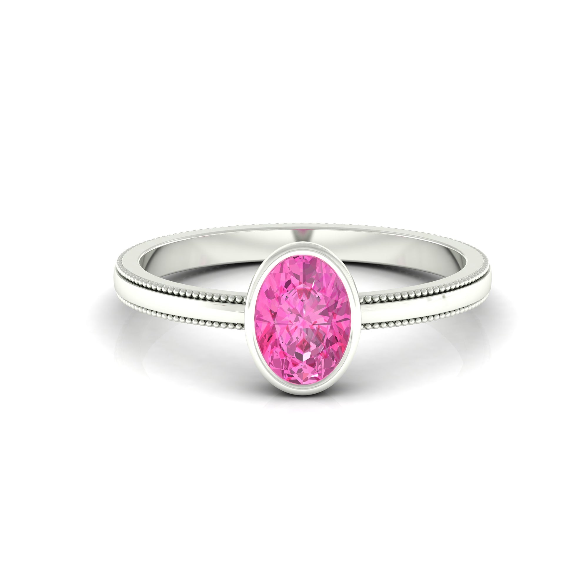 Oval Shape Pink Sapphire Solitaire Ring with Beaded Details Pink Sapphire - ( AAA ) - Quality - Rosec Jewels