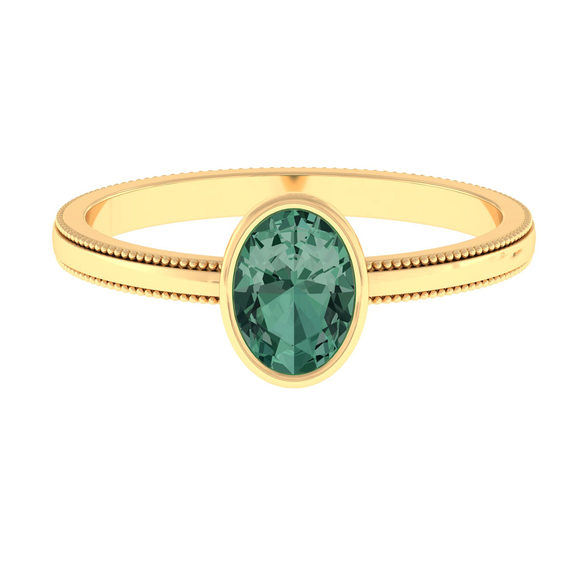 Bezel Set Oval Green Sapphire Solitaire Ring with Beaded Detailing Green Sapphire - ( AAA ) - Quality - Rosec Jewels